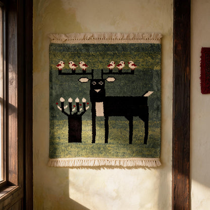Sage Green Deer Motif Mini Tibetan Rug proportional interior view