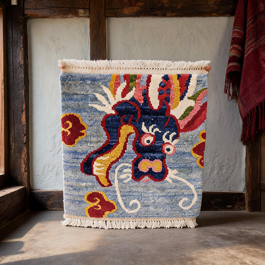 Sky Blue Snow Lion Mini Tibetan Rug front hero view