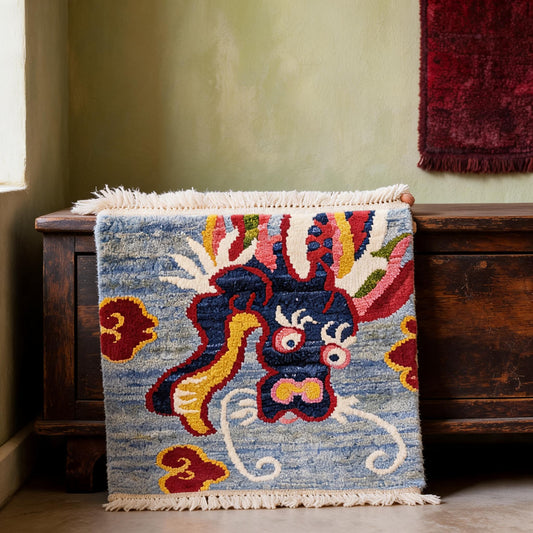Sky Blue Snow Lion Mini Tibetan Rug three-quarter view