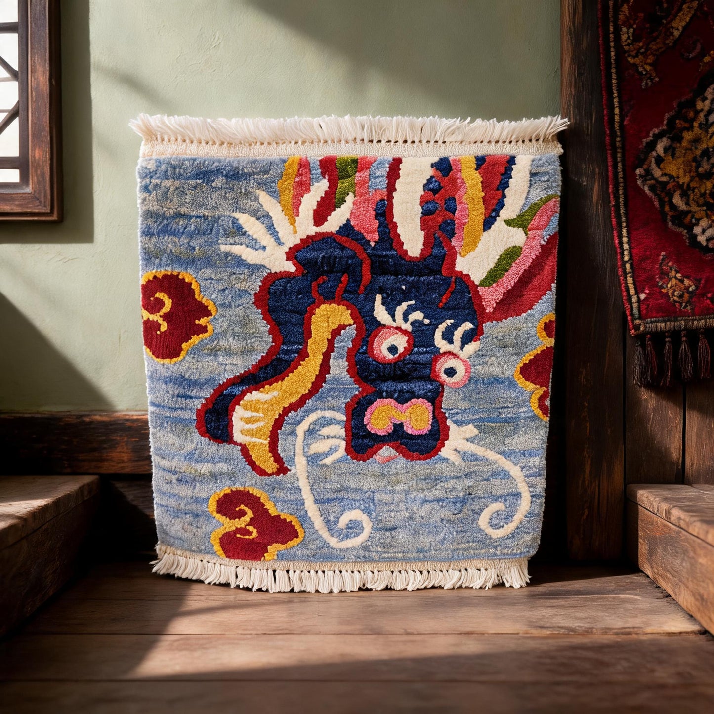 Sky Blue Snow Lion Mini Tibetan Rug craftsmanship detail