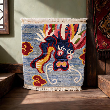 Sky Blue Snow Lion Mini Tibetan Rug craftsmanship detail