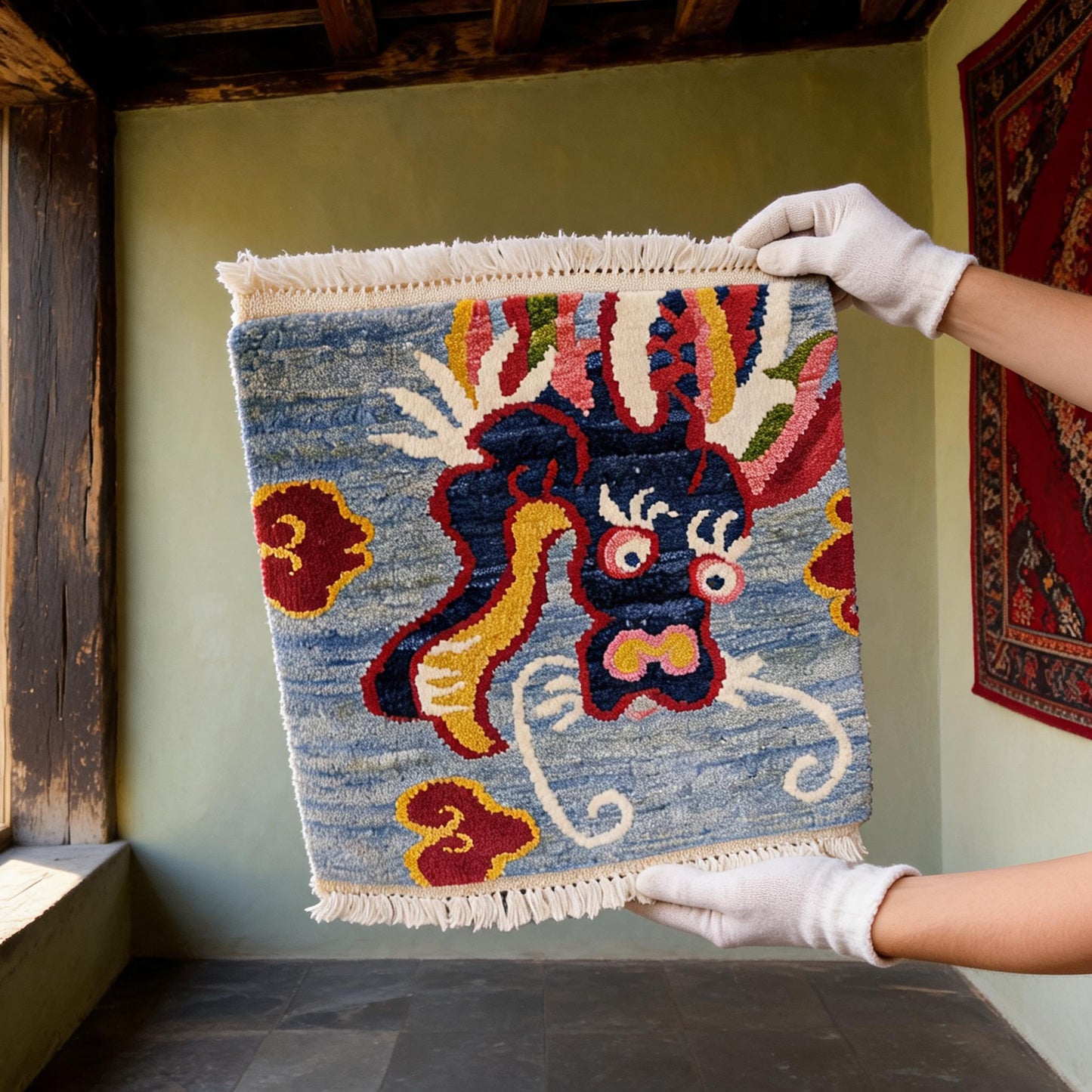 Sky Blue Snow Lion Mini Tibetan Rug white-glove inspection