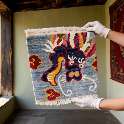 Sky Blue Snow Lion Mini Tibetan Rug white-glove inspection
