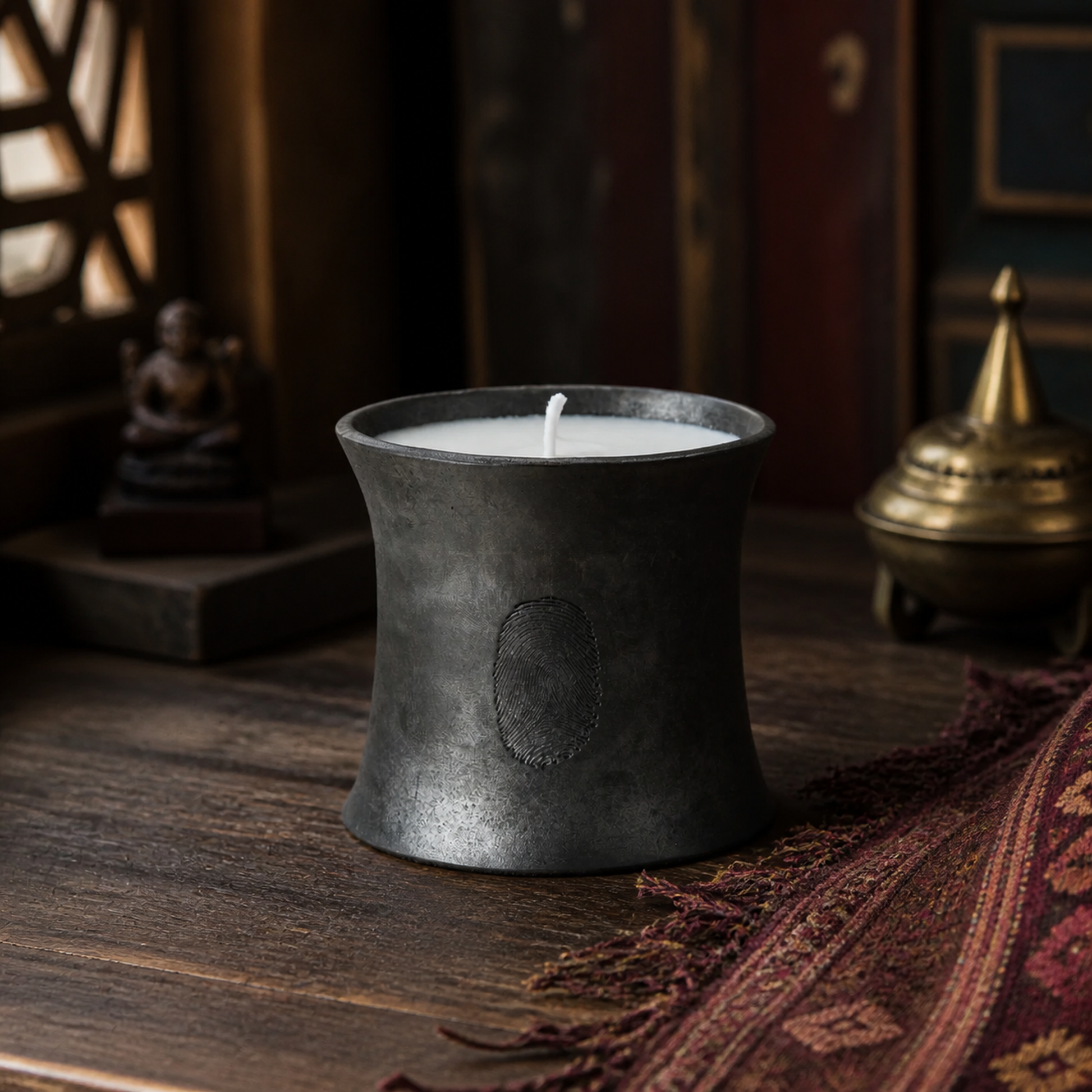 Handmade Tibetan Black Pottery Pine Mist Candle front hero view