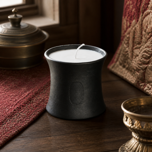Handmade Tibetan Black Pottery Pine Mist Candle three-quarter view