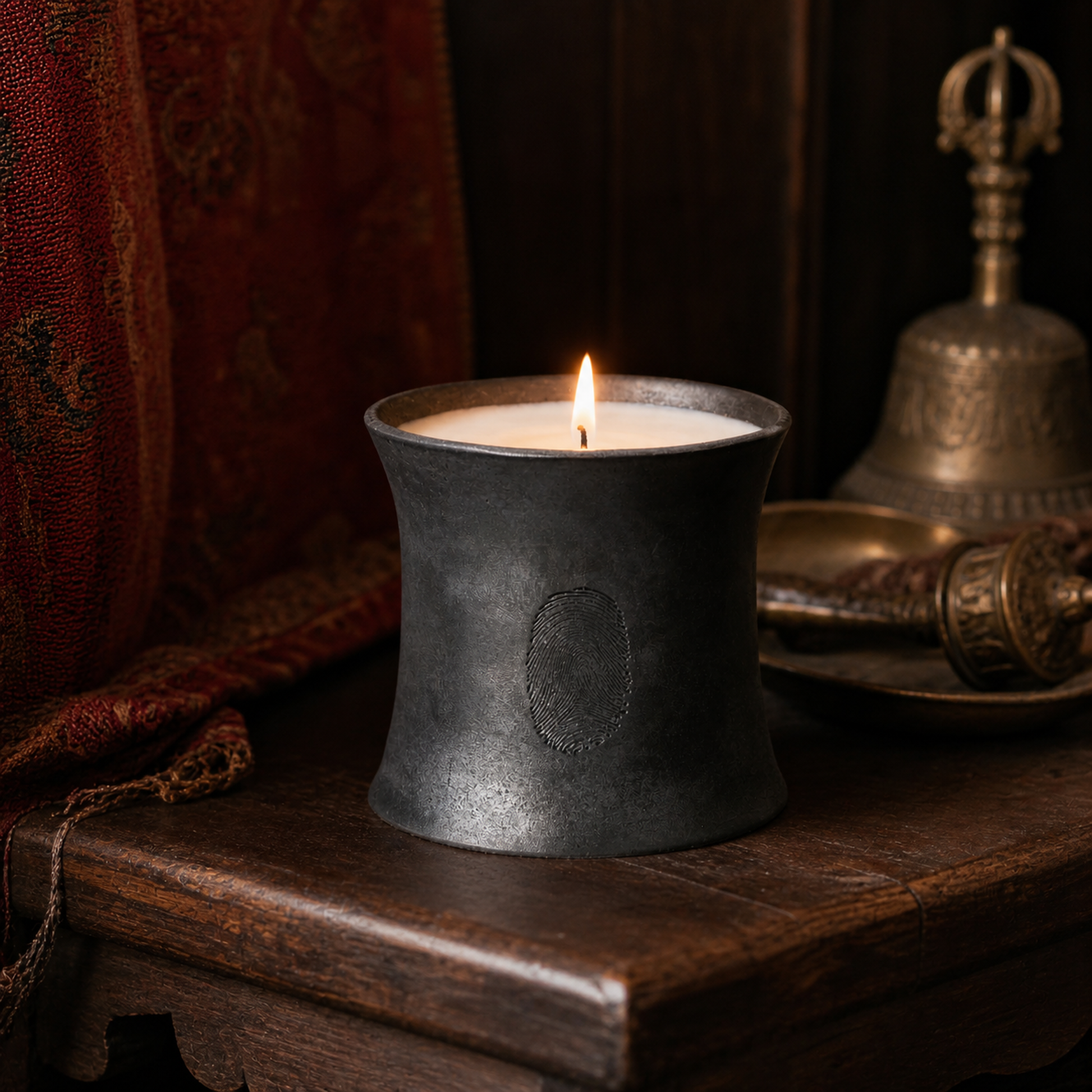 Handmade Tibetan Black Pottery Pine Mist Candle lit interior view