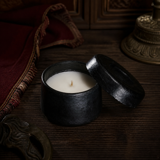 SUPERTIBET Tibetan Incense Candle in Black Vessel three-quarter view
