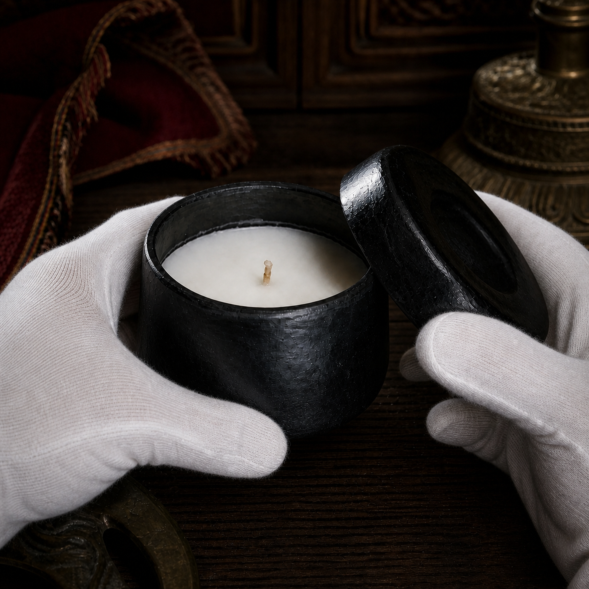 SUPERTIBET Tibetan Incense Candle in Black Vessel white-glove inspection