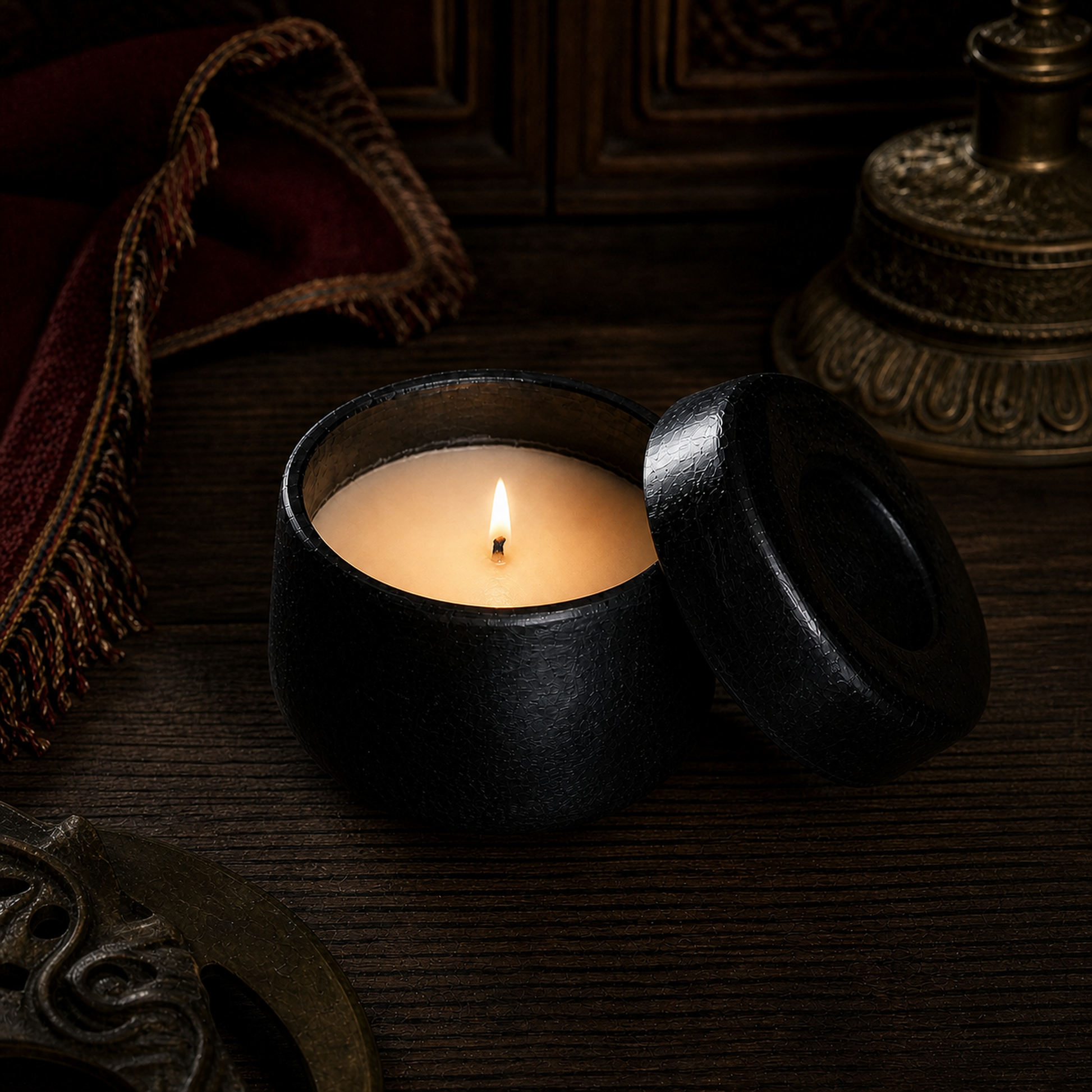 SUPERTIBET Tibetan Incense Candle in Black Vessel lit interior view