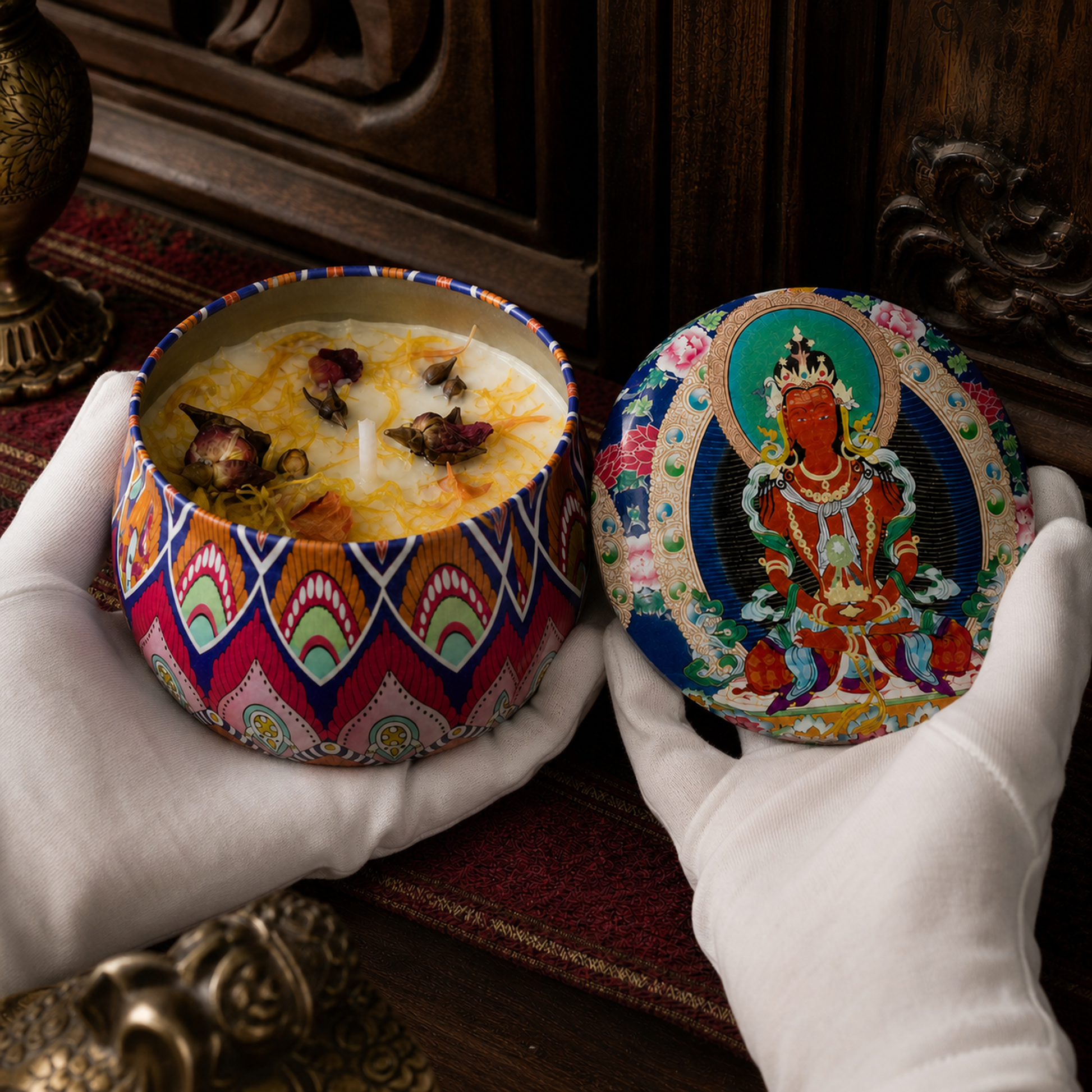 Amitayus Lotus Thangka Candle white-glove inspection