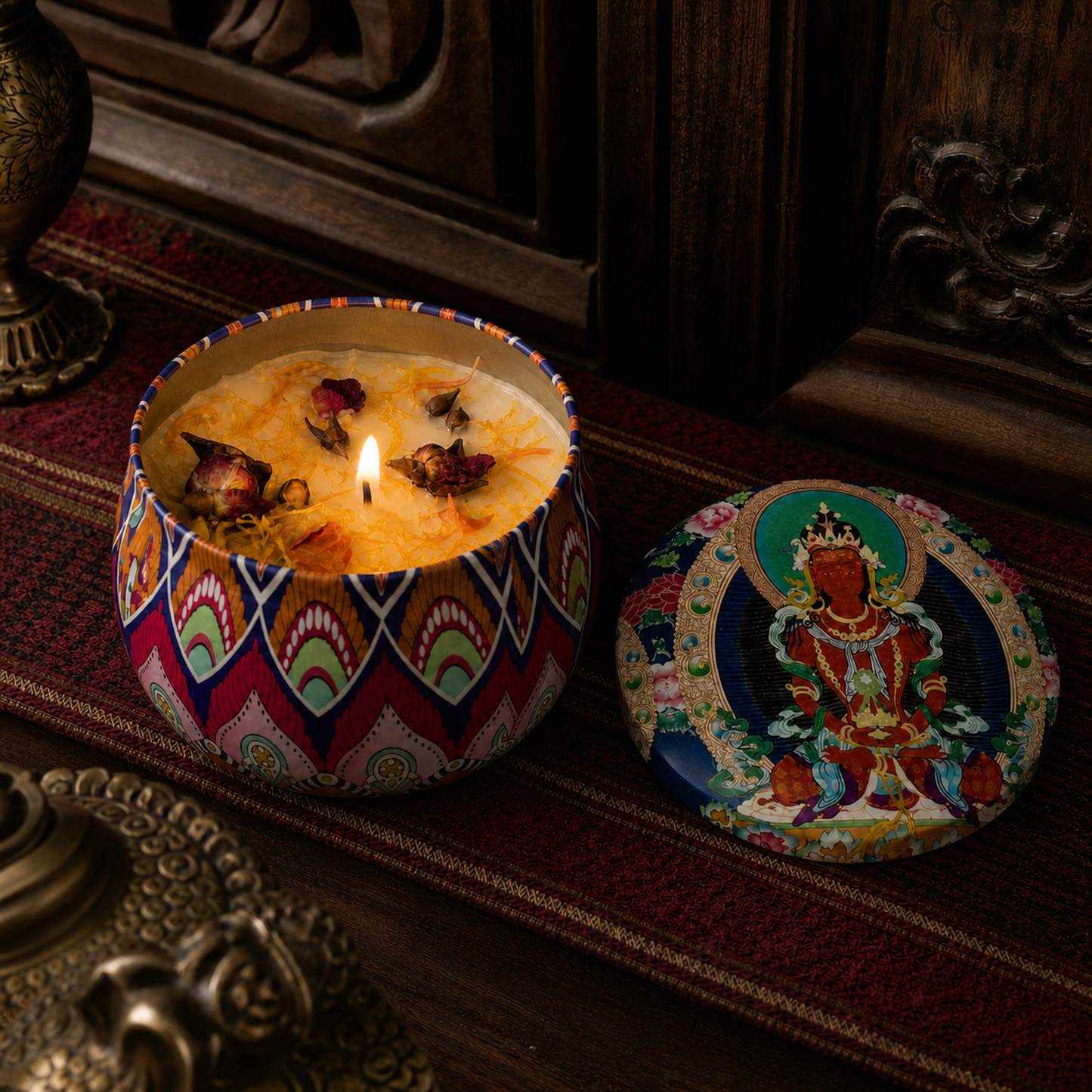 Amitayus Lotus Thangka Candle lit interior view