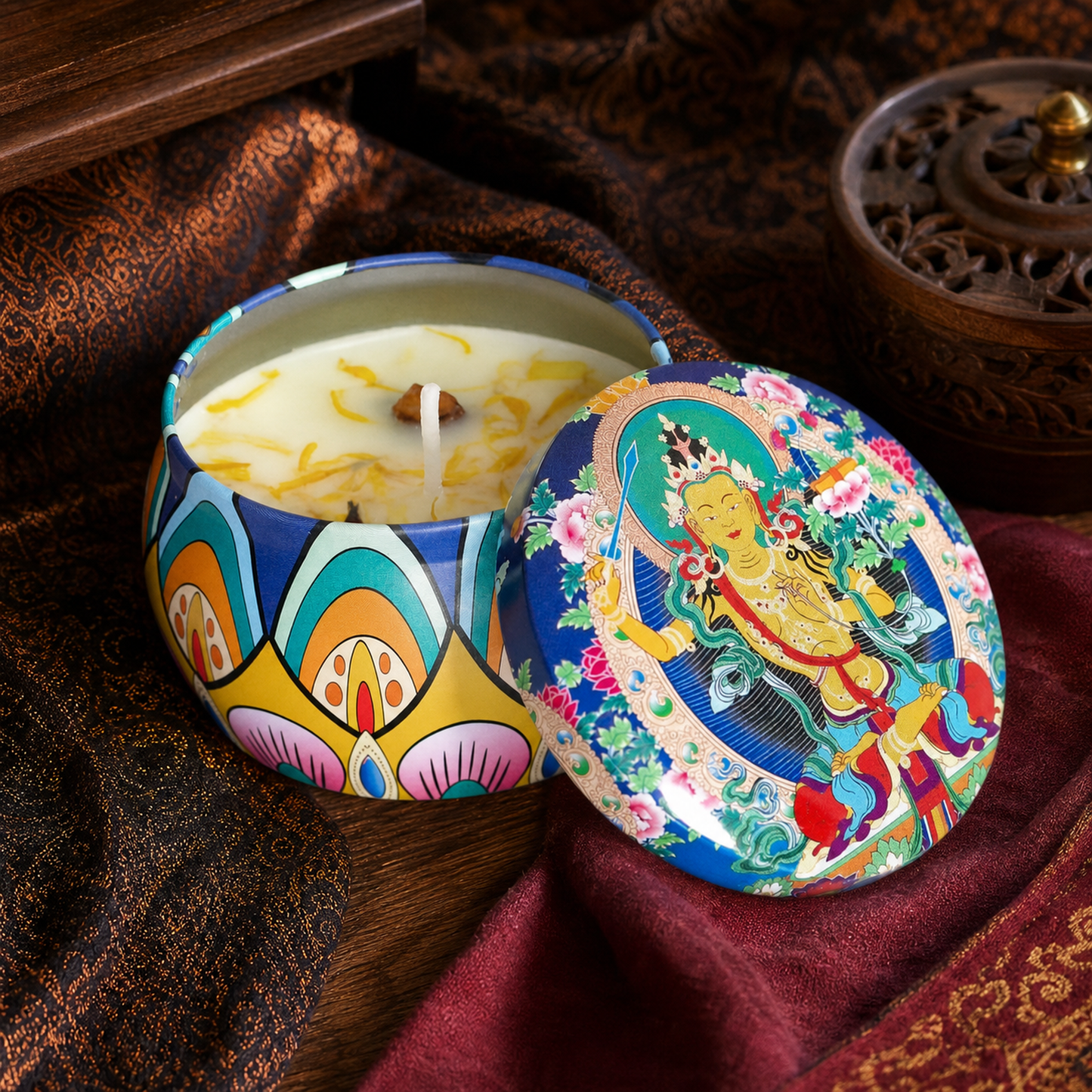 Manjushri Lotus Thangka Candle front hero view