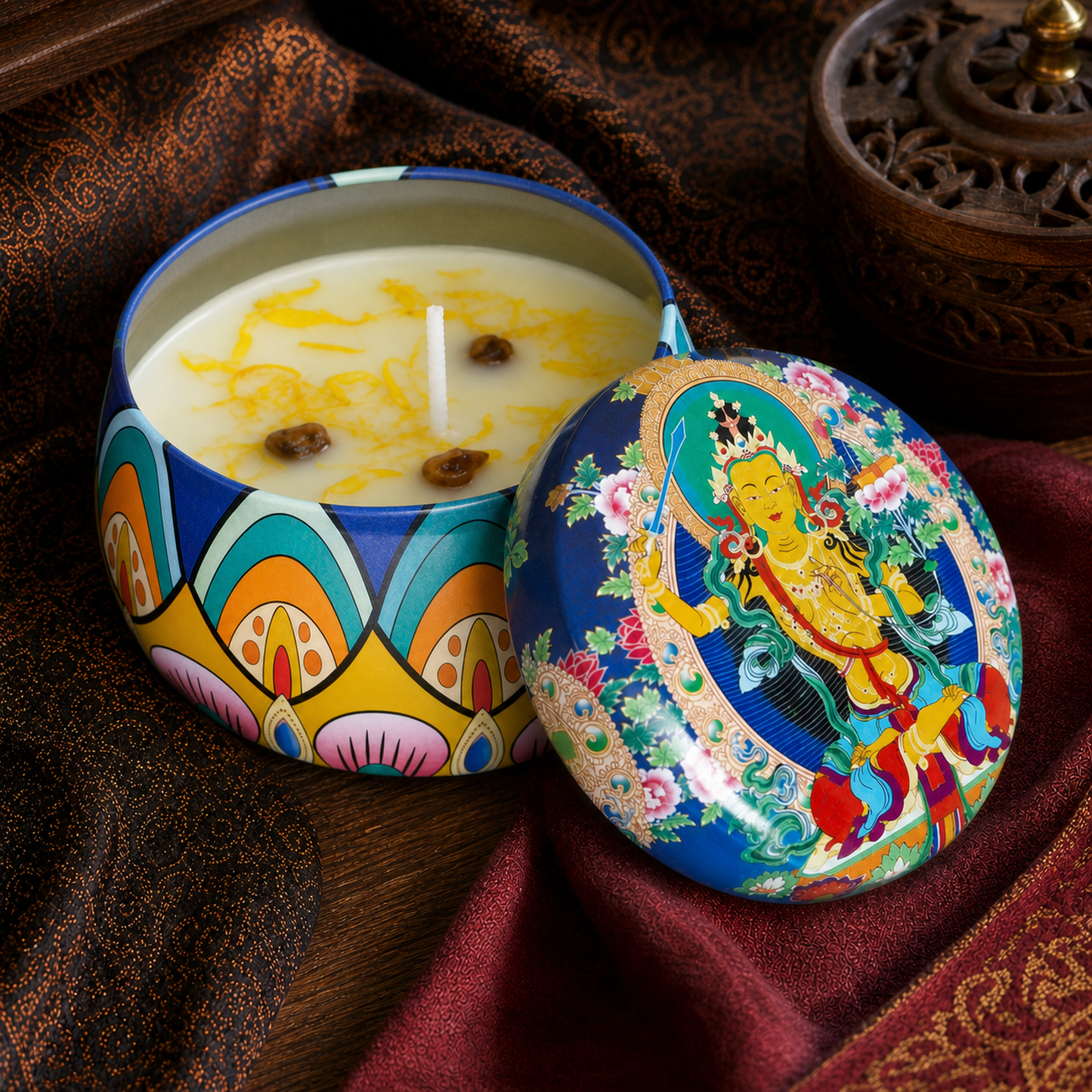 Manjushri Lotus Thangka Candle craftsmanship detail