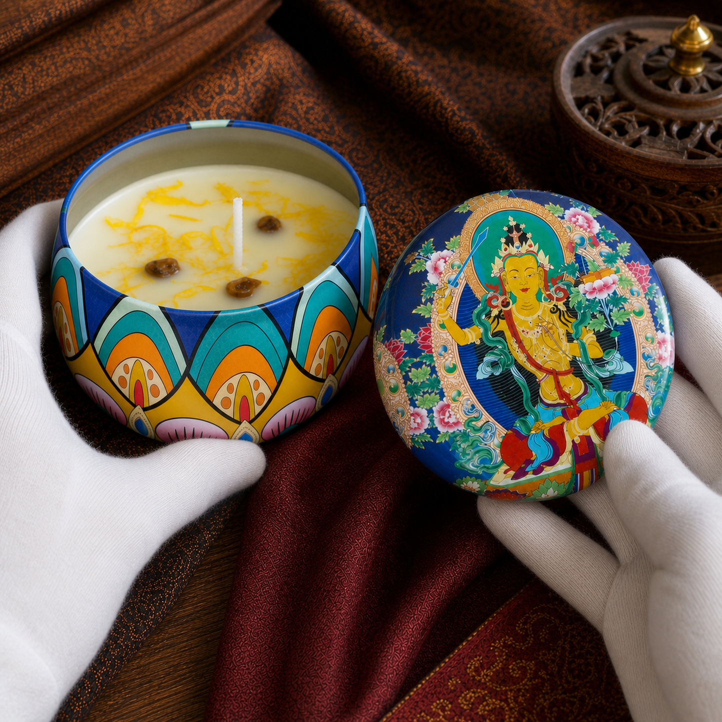 Manjushri Lotus Thangka Candle white-glove inspection