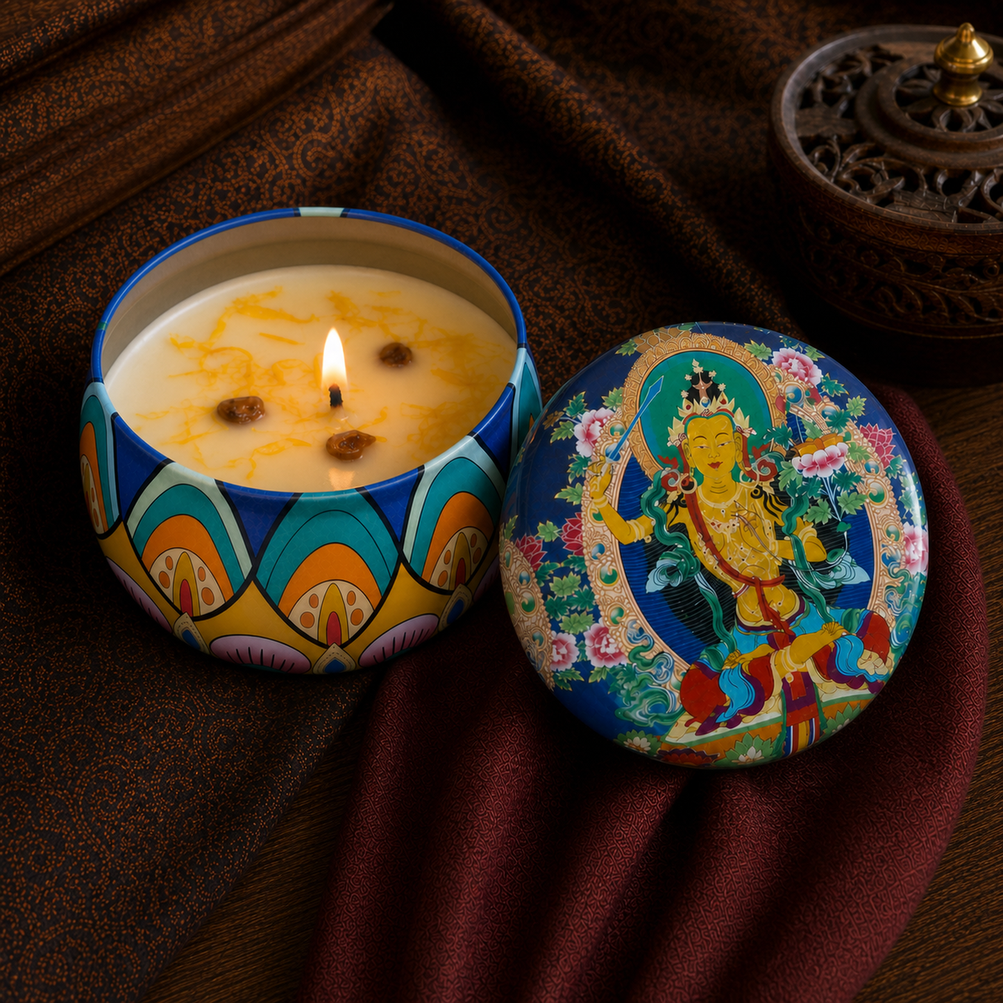Manjushri Lotus Thangka Candle lit interior view