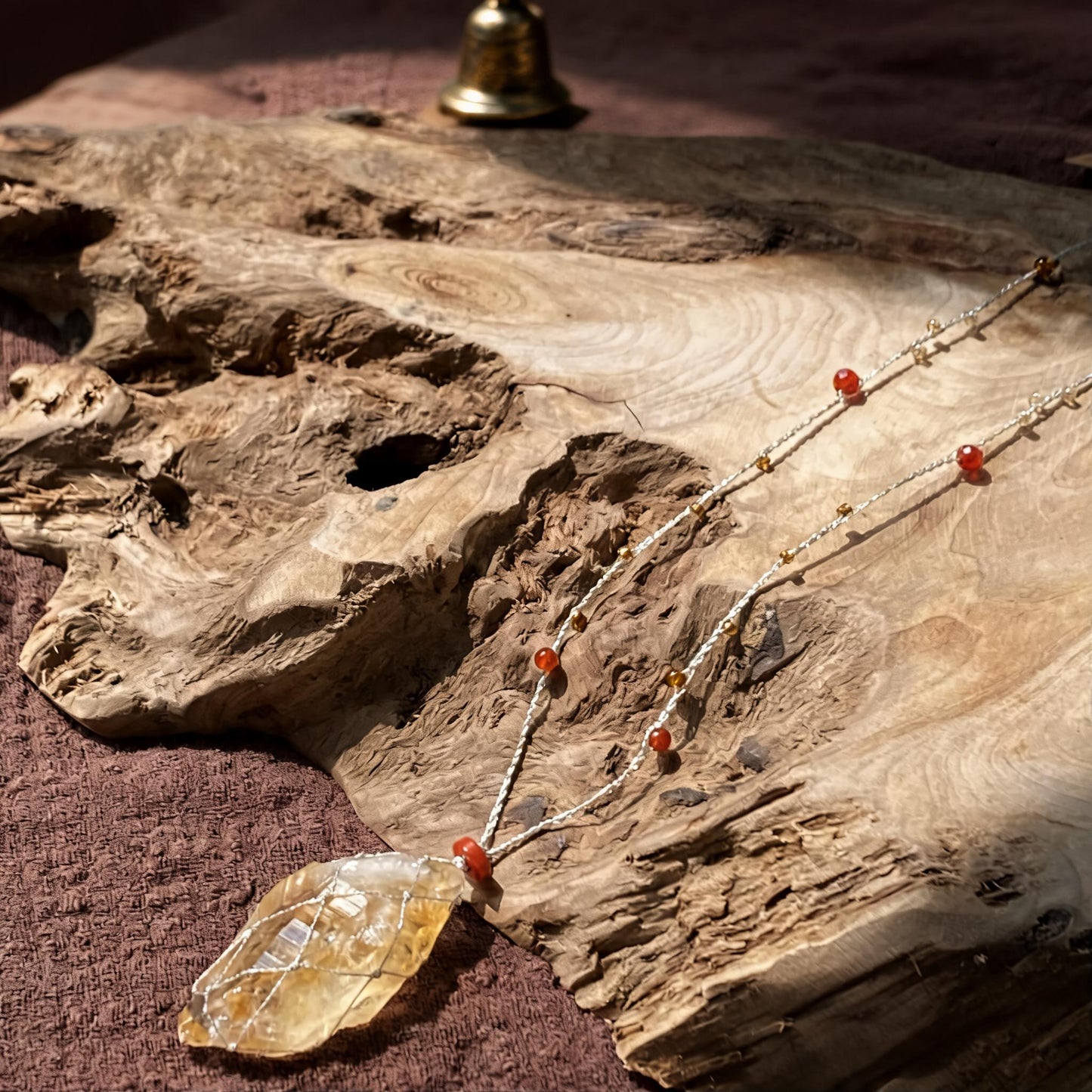 Kailash Raw Citrine Crystal Necklace hand-knotted cord and bead detail