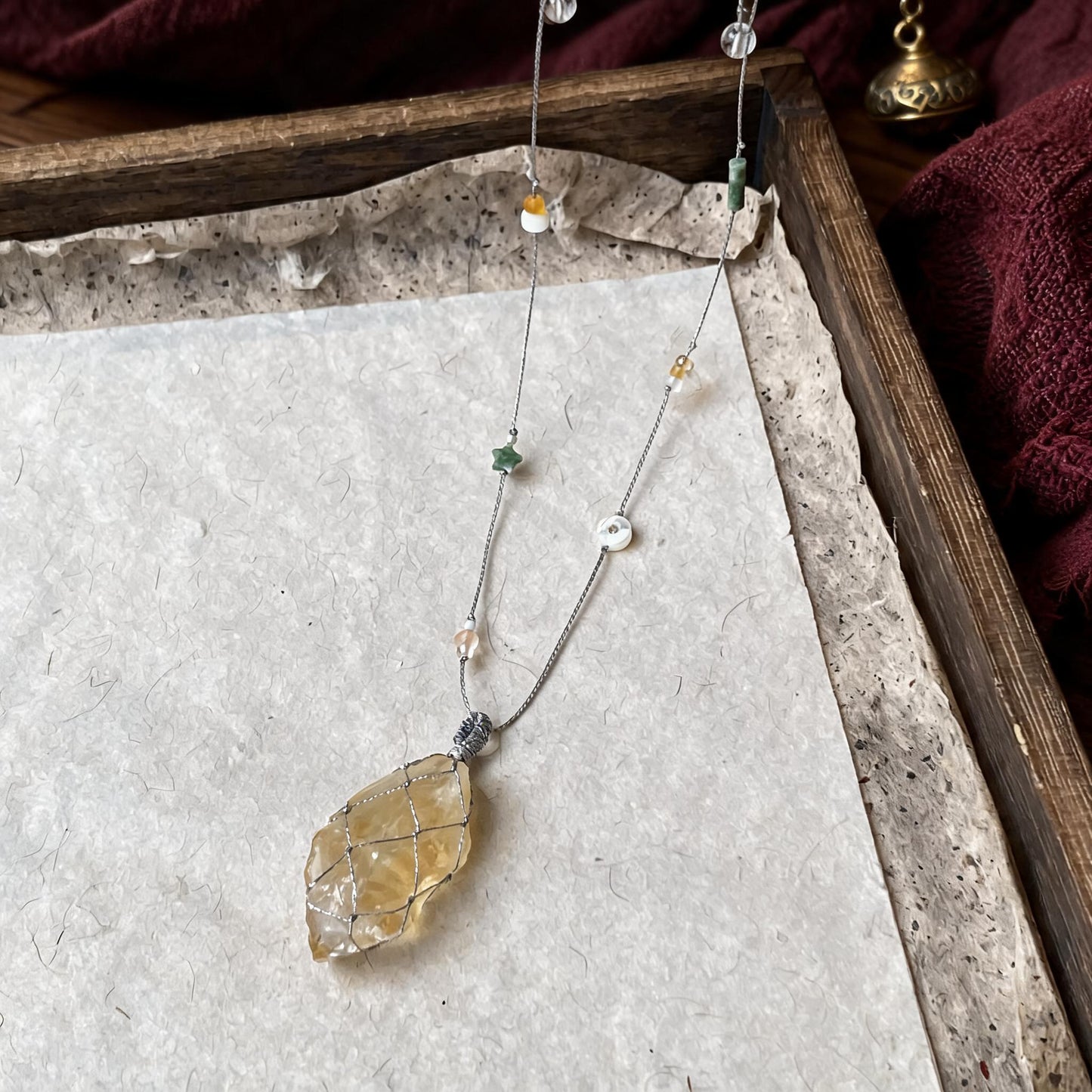 Kailash Raw Citrine Talisman Necklace No. 01 hand-knotted cord and bead detail