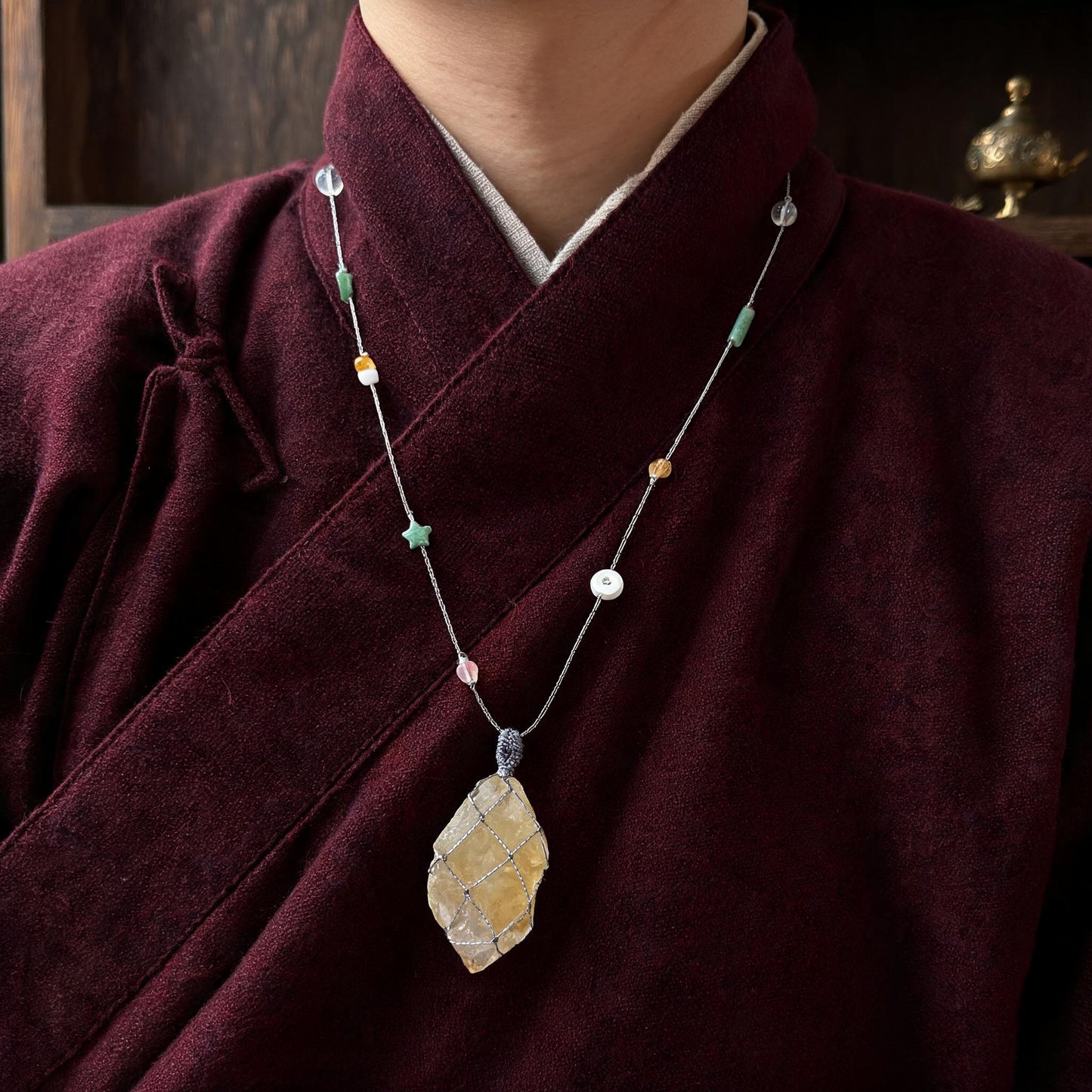 Kailash Raw Citrine Talisman Necklace No. 01 proportional wearing view