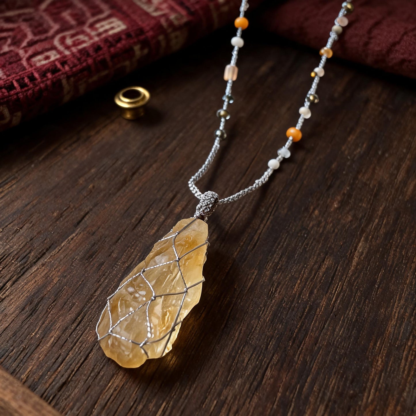 Kailash Raw Citrine Talisman Necklace No. 02 hand-knotted cord and bead detail
