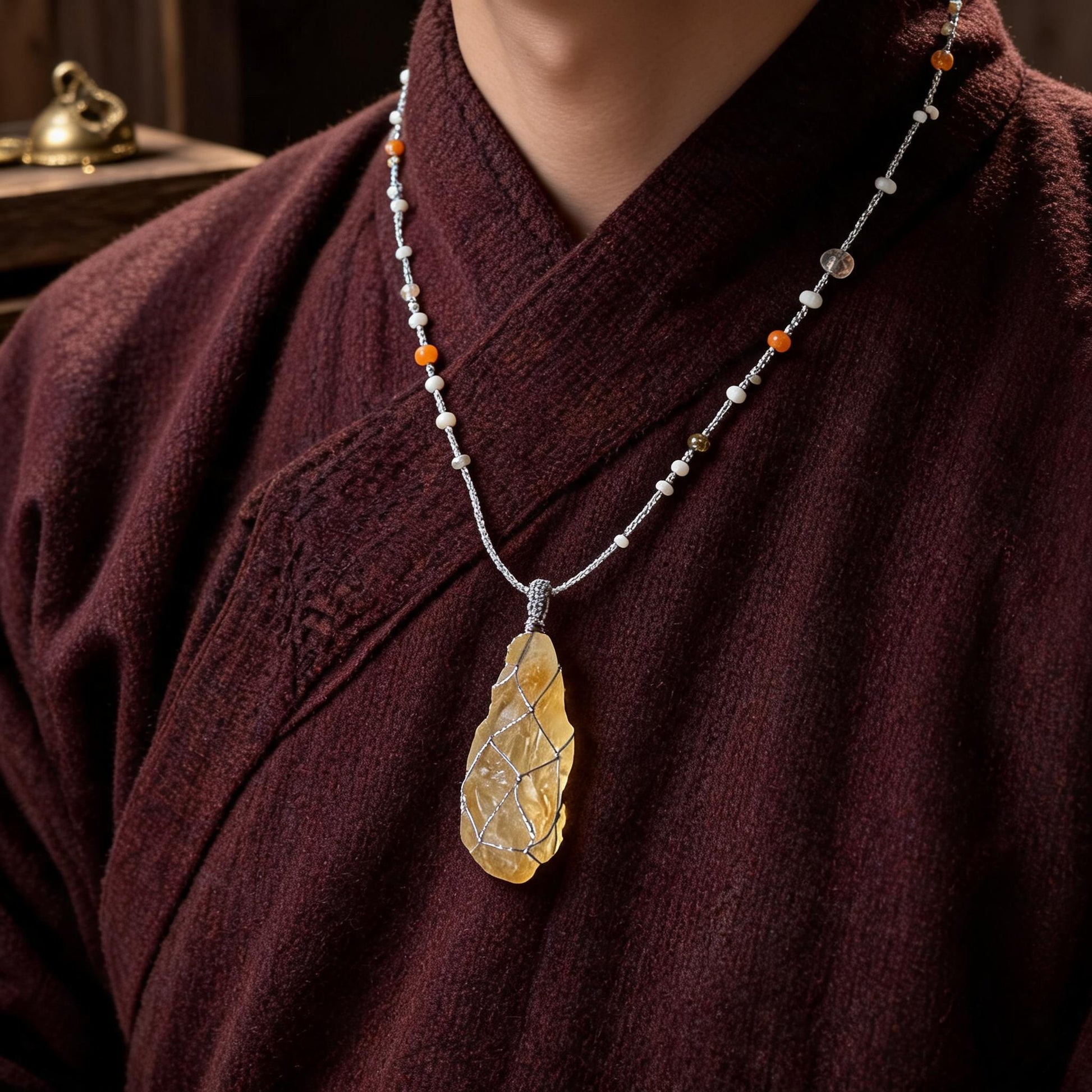 Kailash Raw Citrine Talisman Necklace No. 02 proportional wearing view