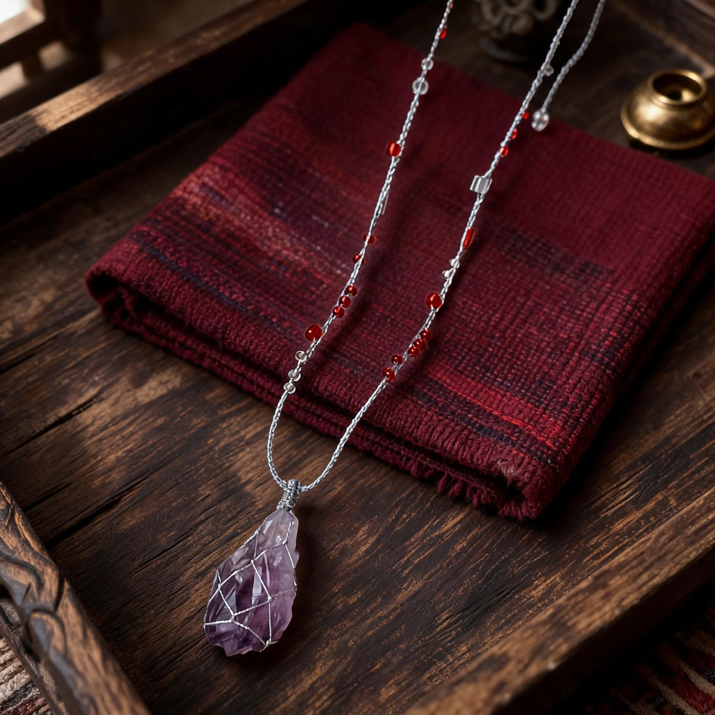 Kailash Raw Amethyst Talisman Necklace No. 01 hand-knotted cord and bead detail