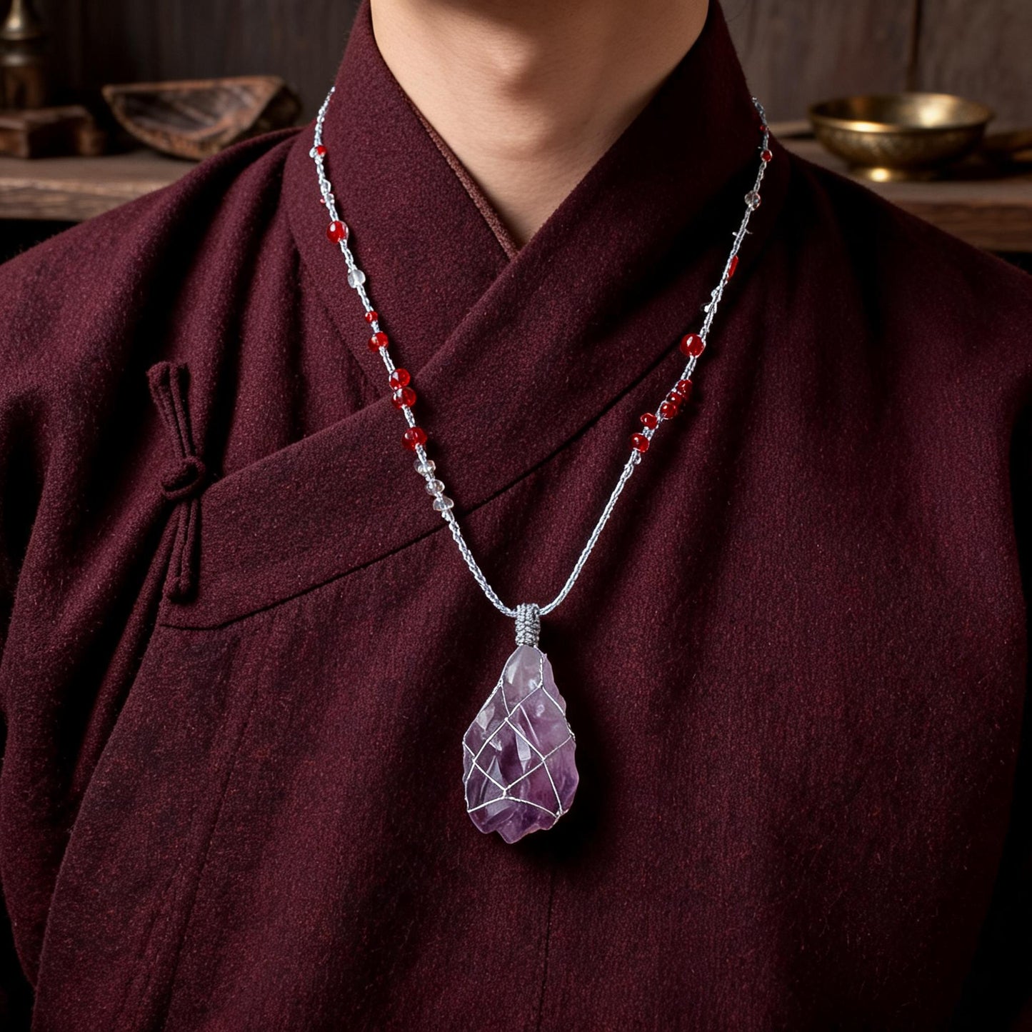 Kailash Raw Amethyst Talisman Necklace No. 01 proportional wearing view