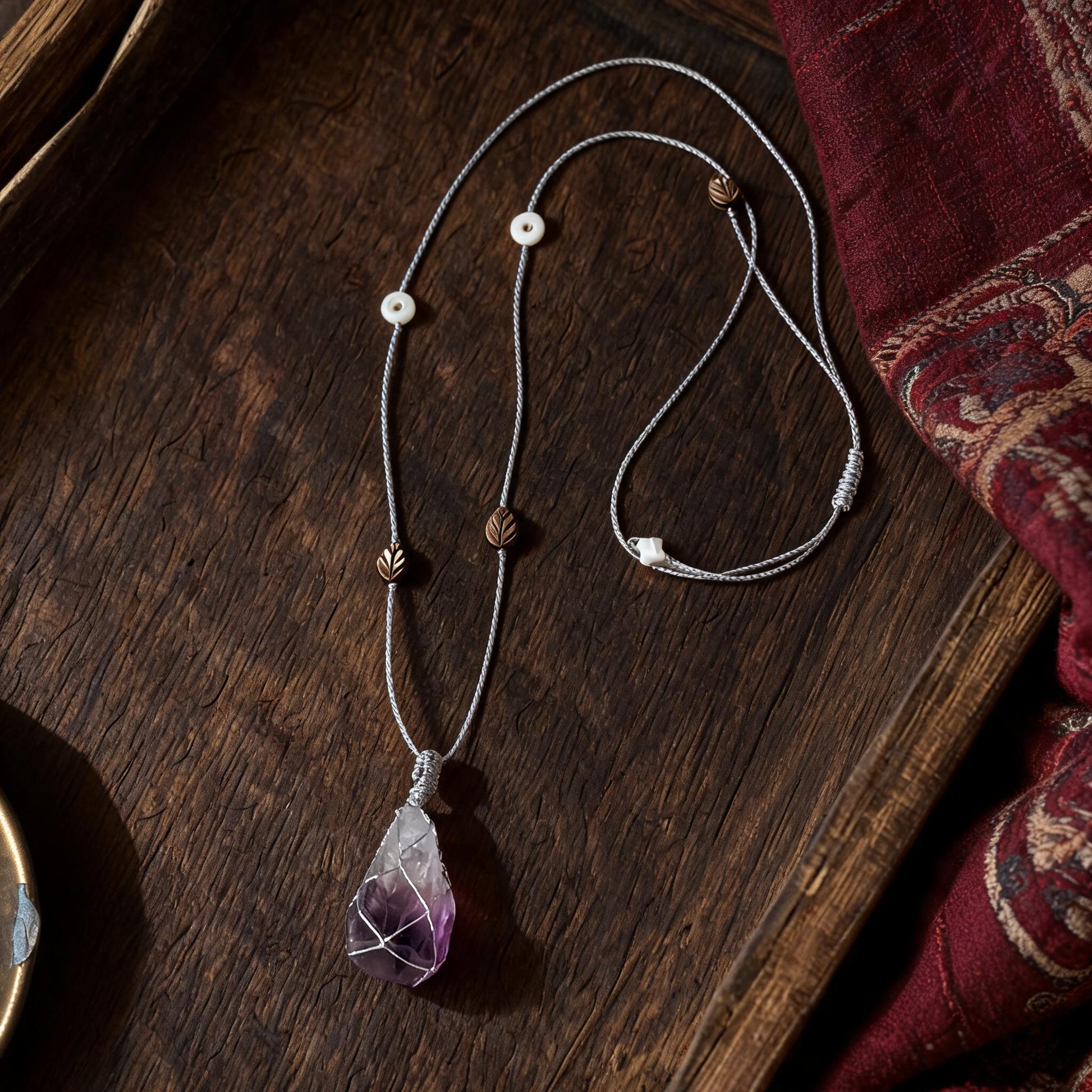 Kailash Raw Amethyst Talisman Necklace No. 03 hand-knotted cord and bead detail