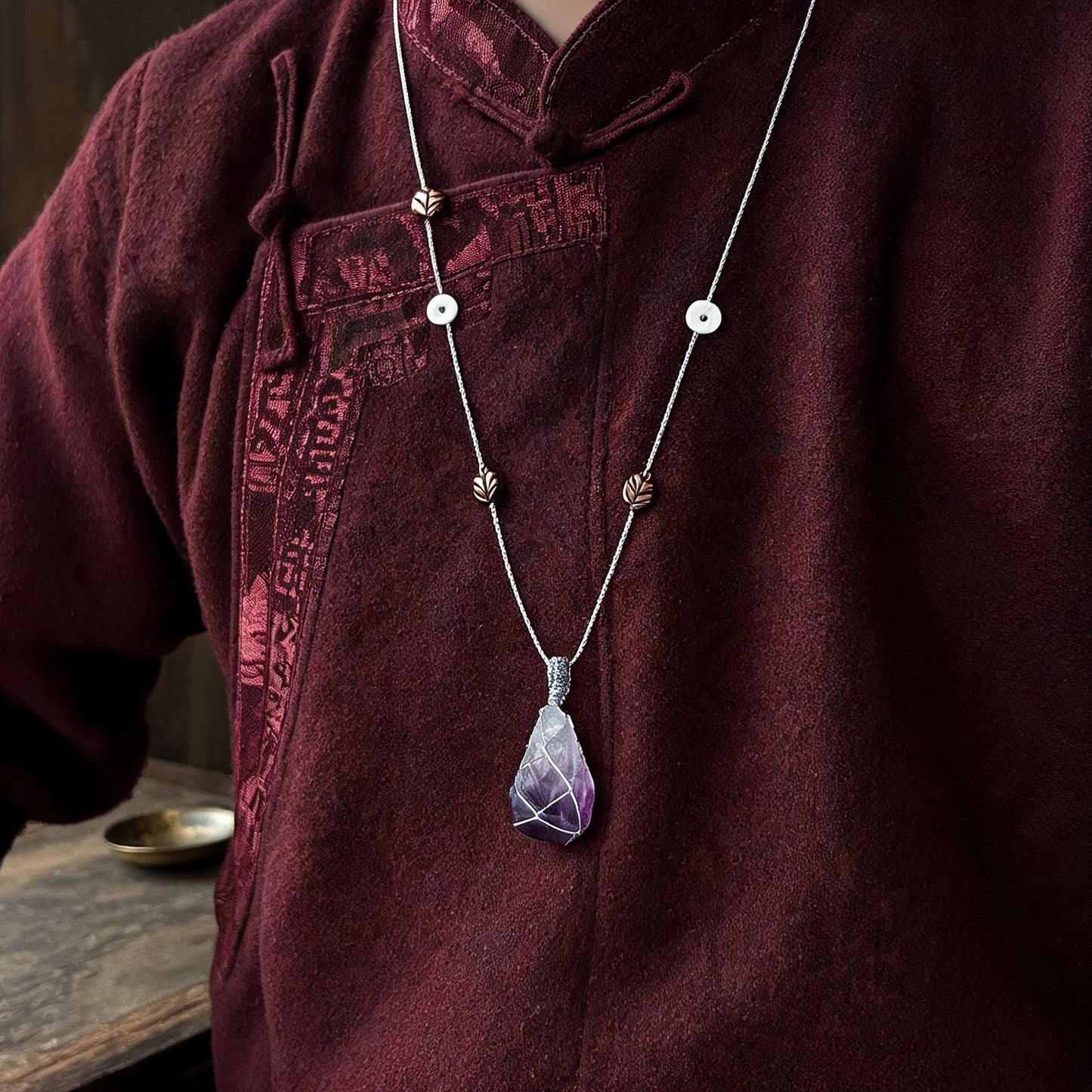 Kailash Raw Amethyst Talisman Necklace No. 03 proportional wearing view