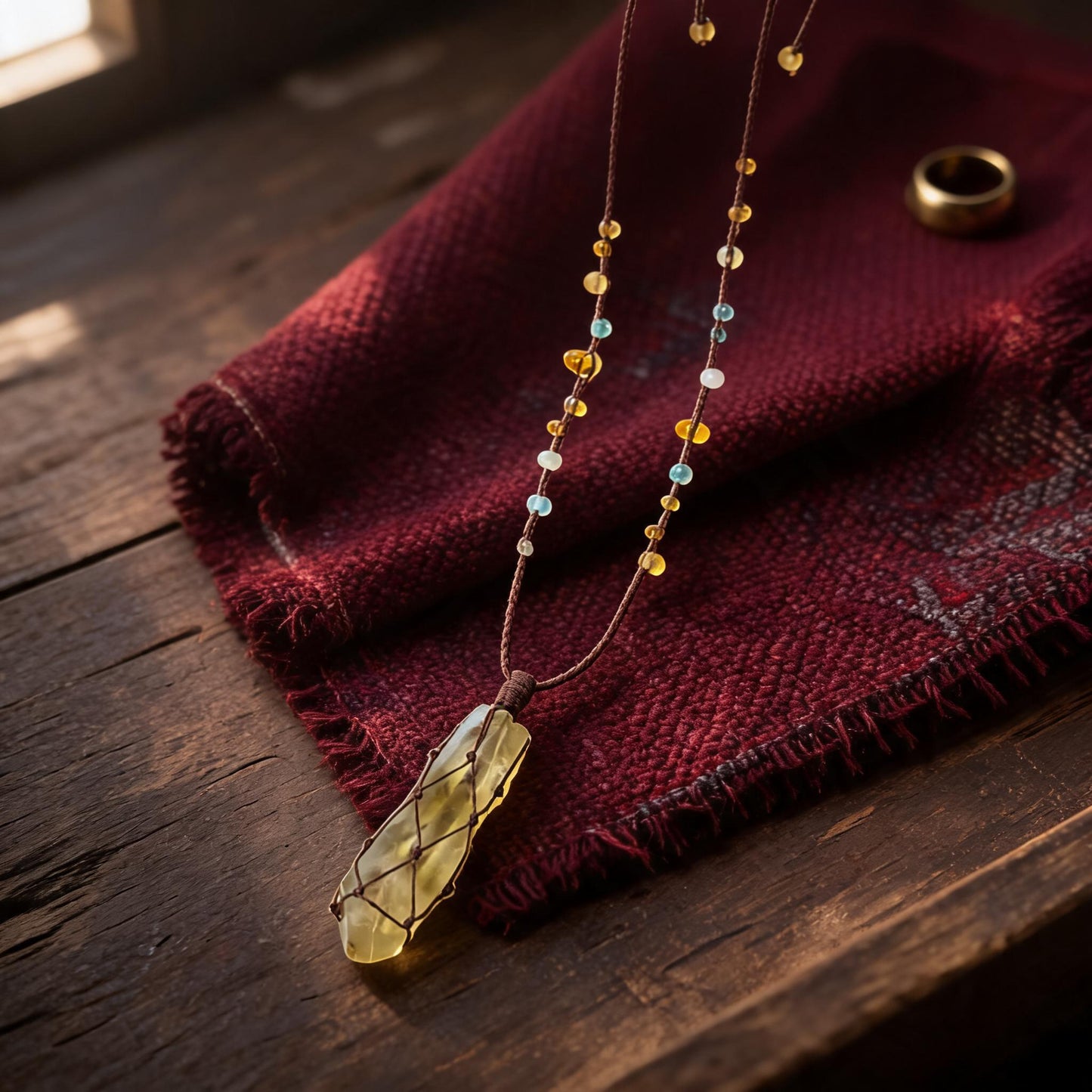 Kailash Raw Citrine Talisman Necklace No. 06 hand-knotted cord and bead detail
