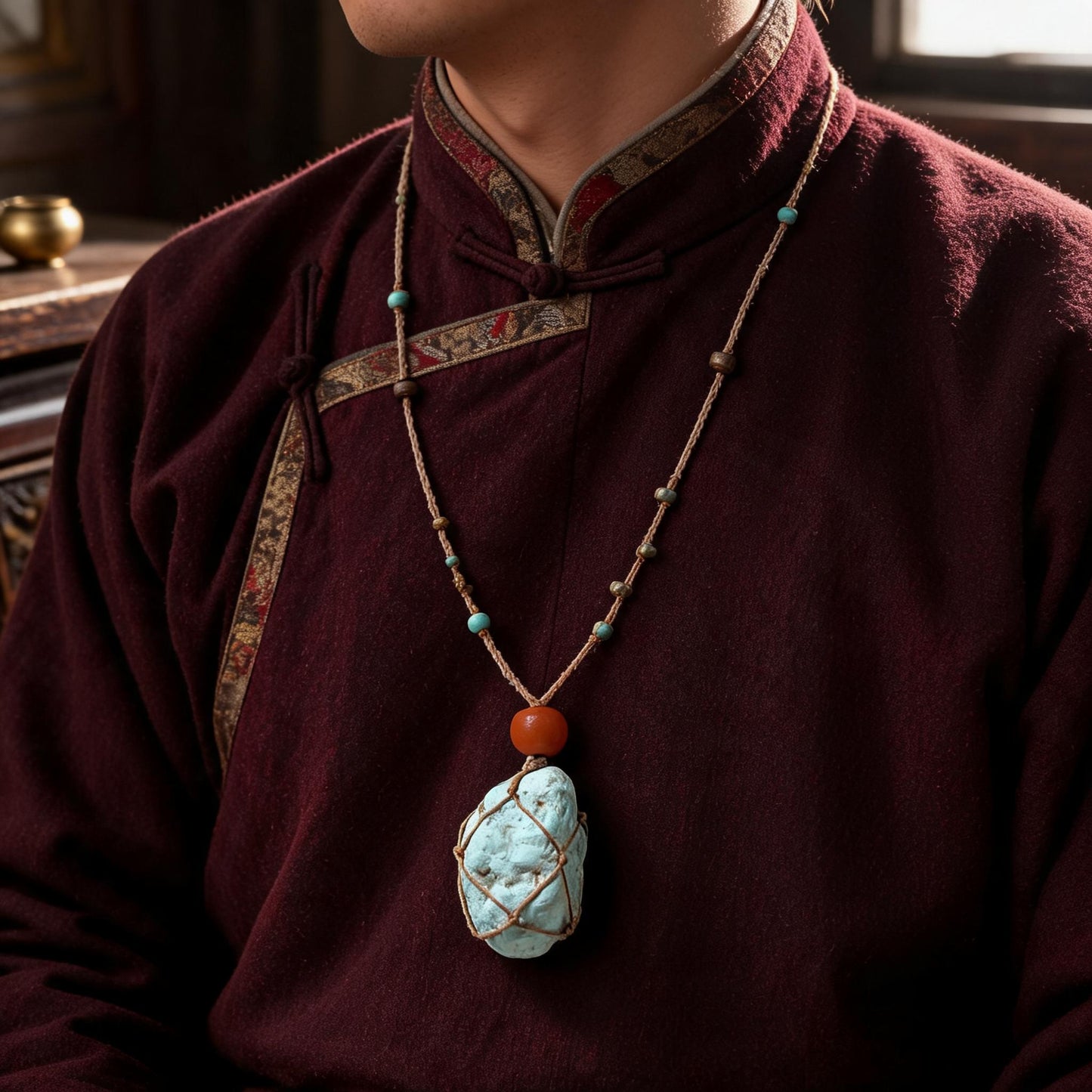 Kailash Raw Turquoise Talisman Necklace proportional wearing view
