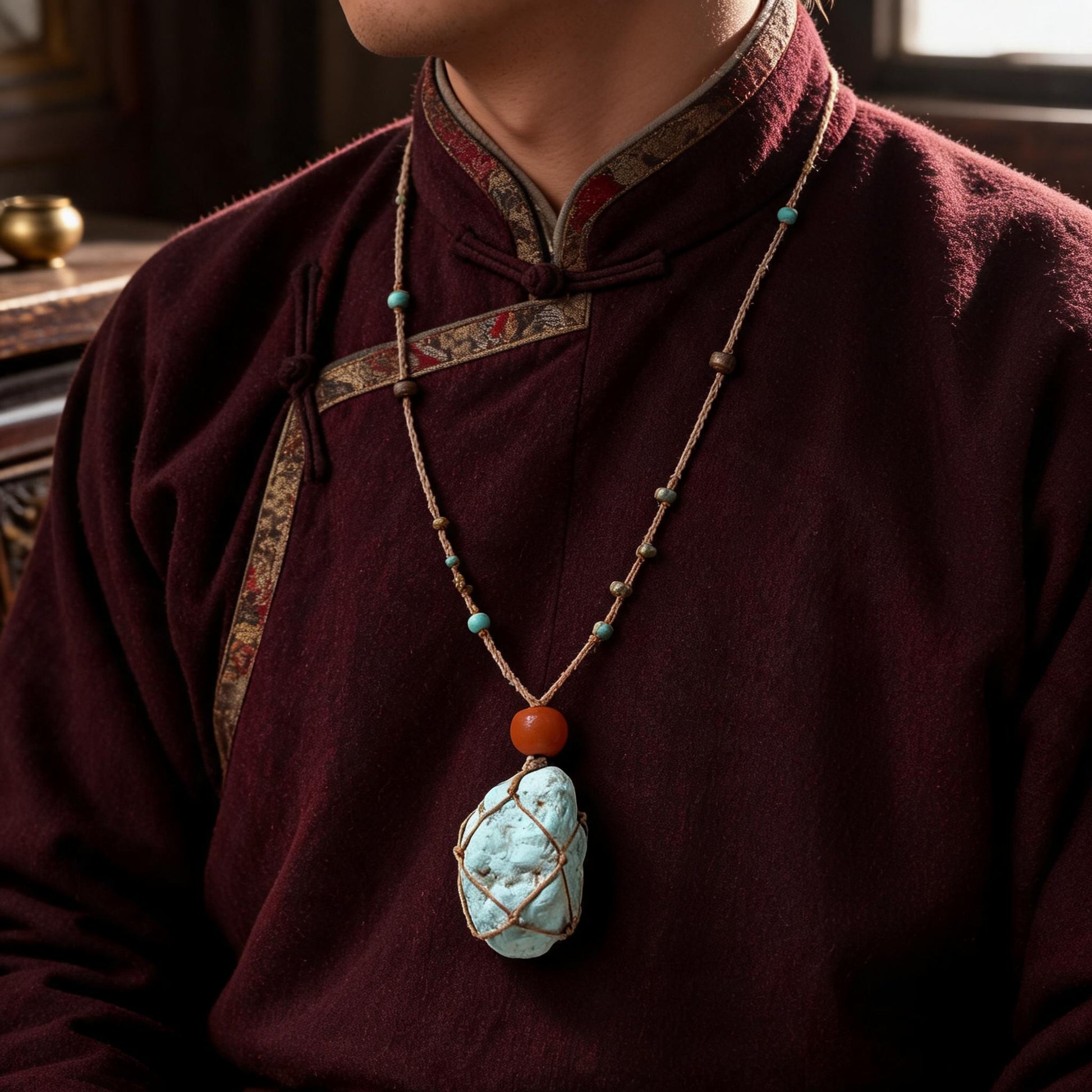 Kailash Raw Turquoise Talisman Necklace proportional wearing view