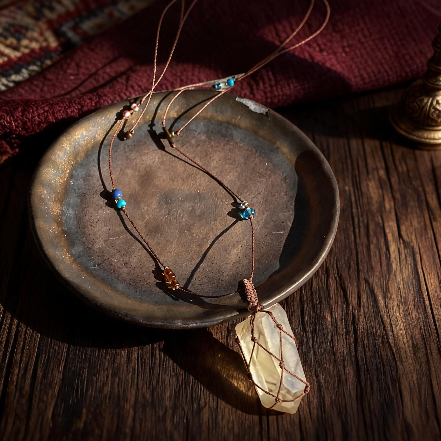 Kailash Raw Citrine Talisman Necklace No. 08 hand-knotted cord and bead detail