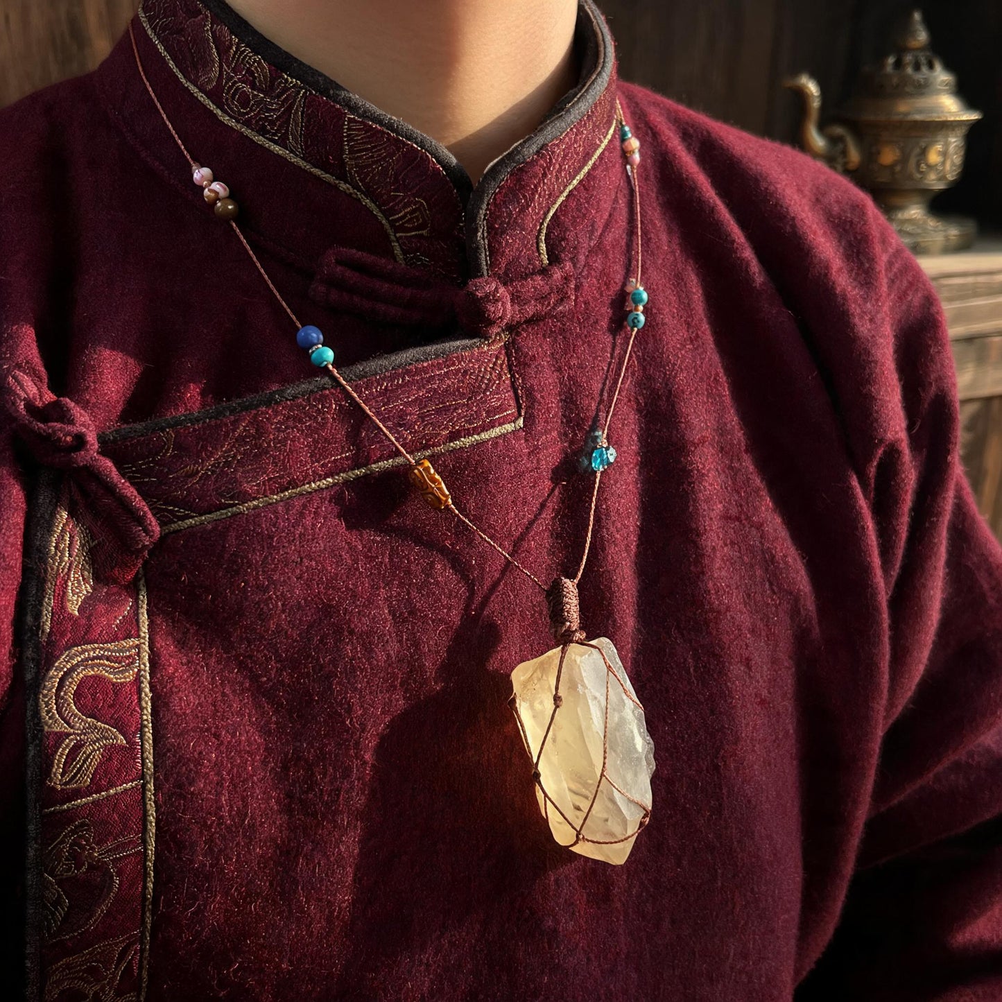 Kailash Raw Citrine Talisman Necklace No. 08 proportional wearing view