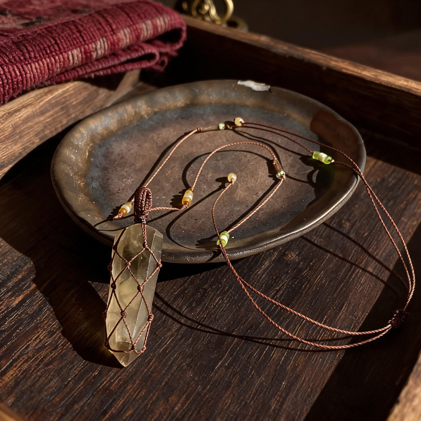 Kailash Raw Smoky Quartz Talisman Necklace No. 09 hand-knotted cord and bead detail