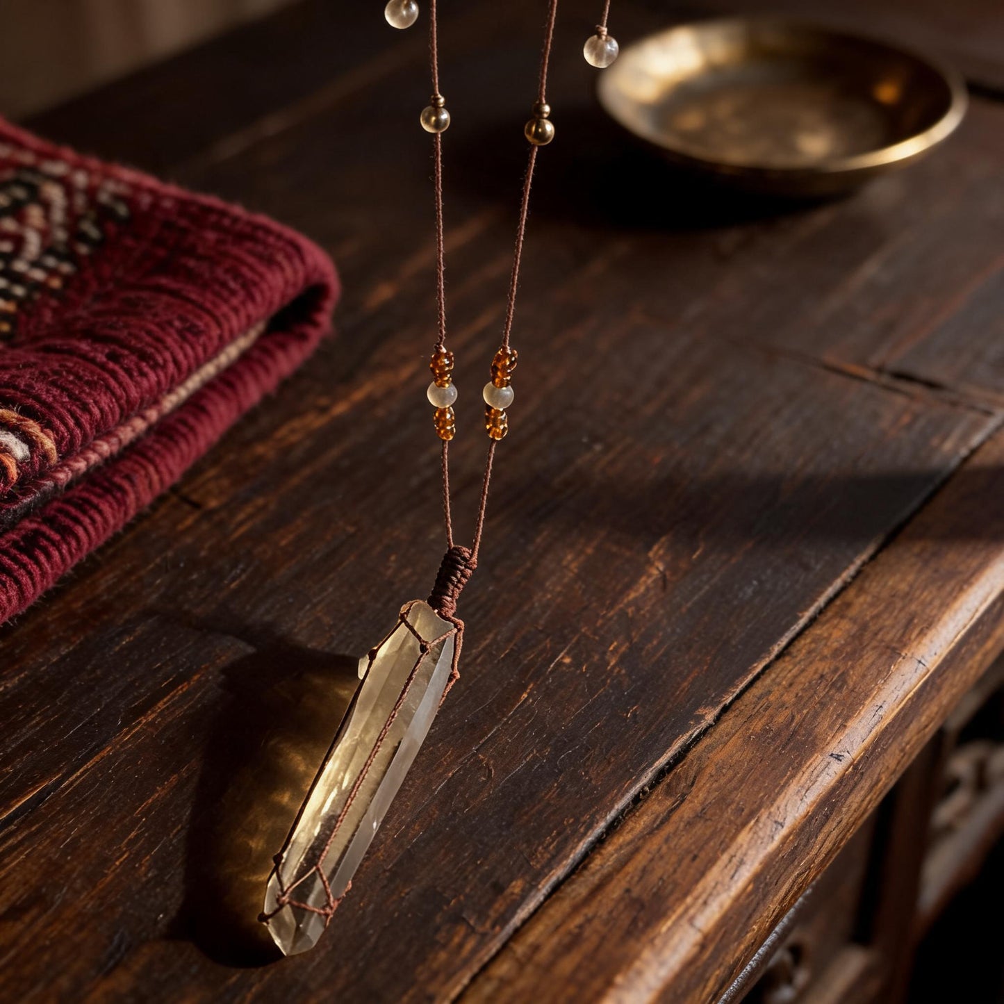 Kailash Raw Smoky Quartz Talisman Necklace No. 10 hand-knotted cord and bead detail