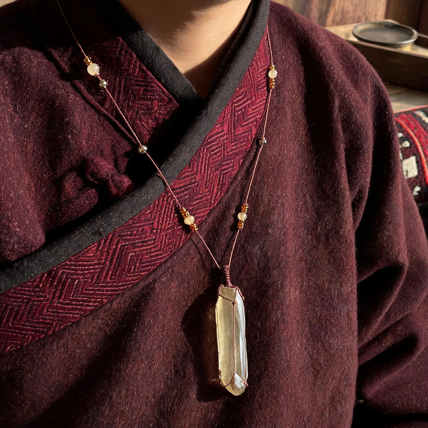 Kailash Raw Smoky Quartz Talisman Necklace No. 10 proportional wearing view