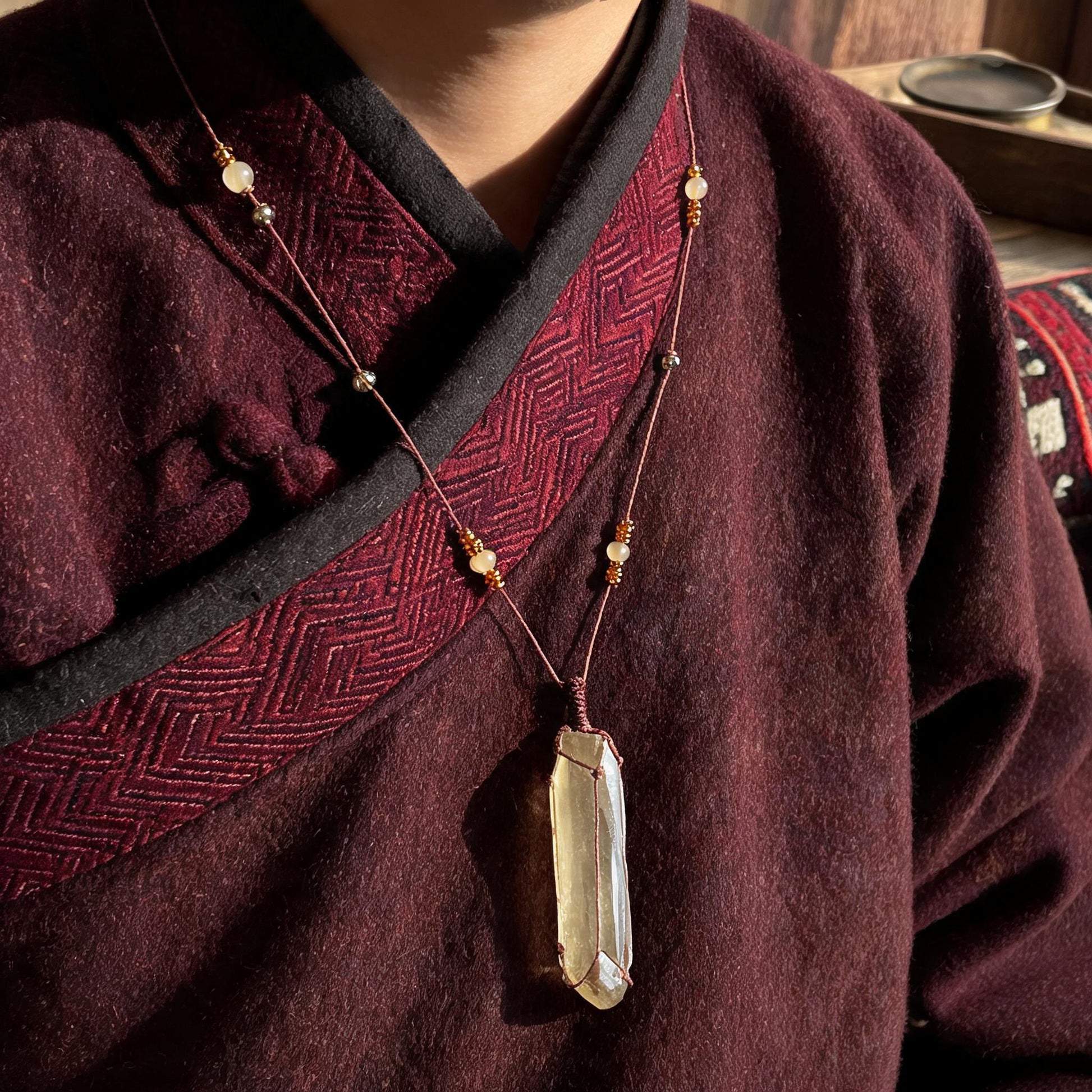 Kailash Raw Smoky Quartz Talisman Necklace No. 10 proportional wearing view