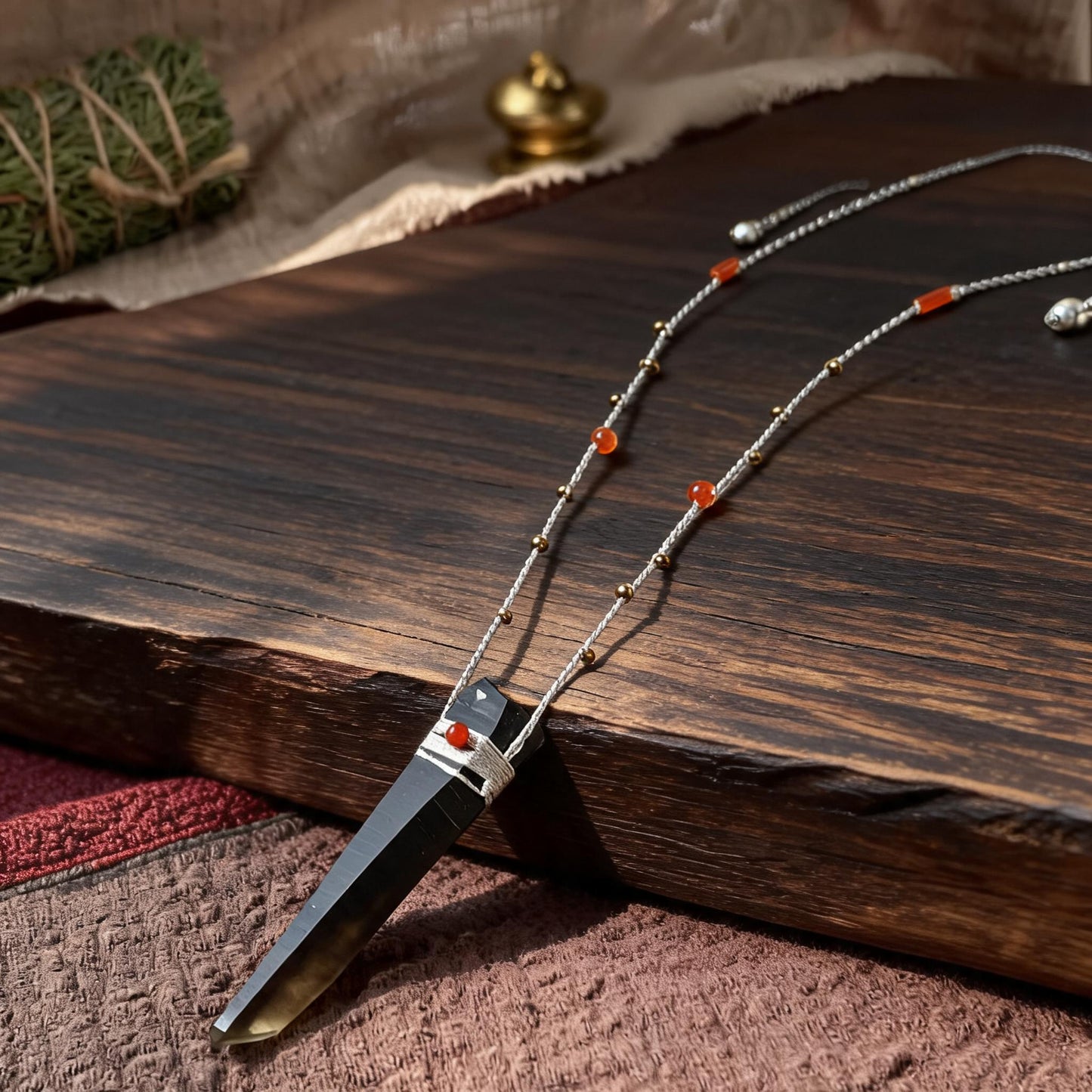 Kailash Black Smoky Quartz Point Necklace hand-knotted cord and bead detail