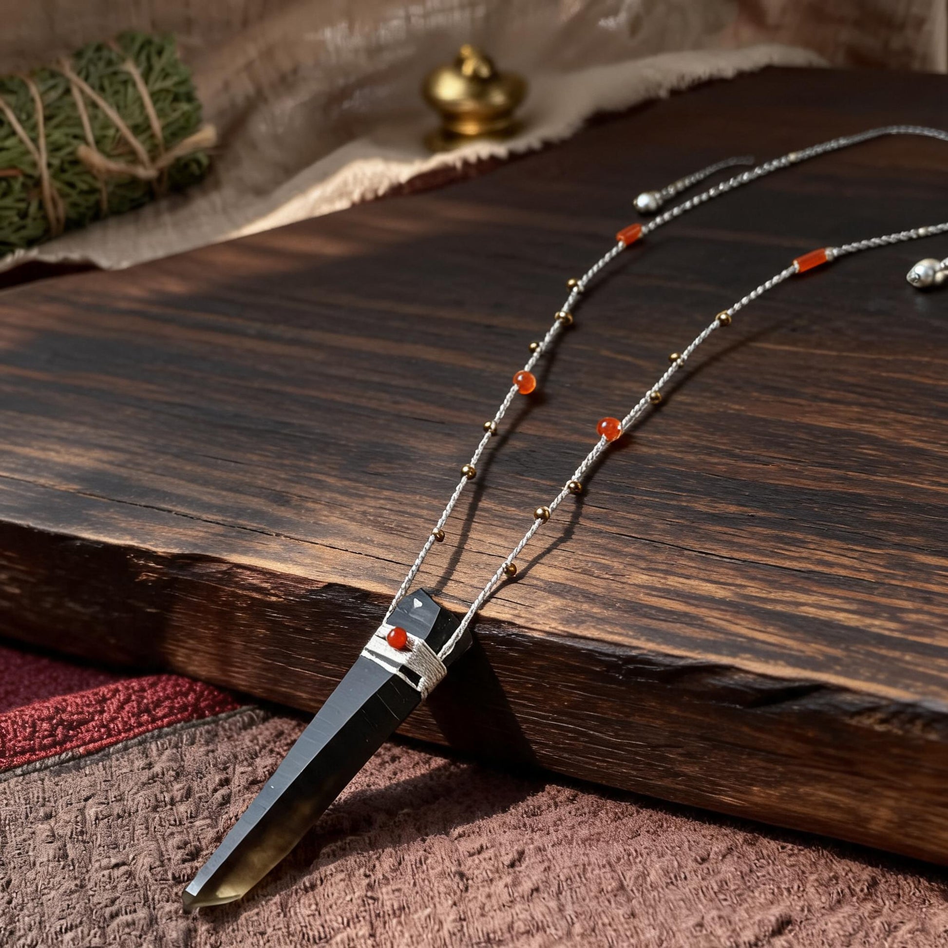 Kailash Black Smoky Quartz Point Necklace hand-knotted cord and bead detail