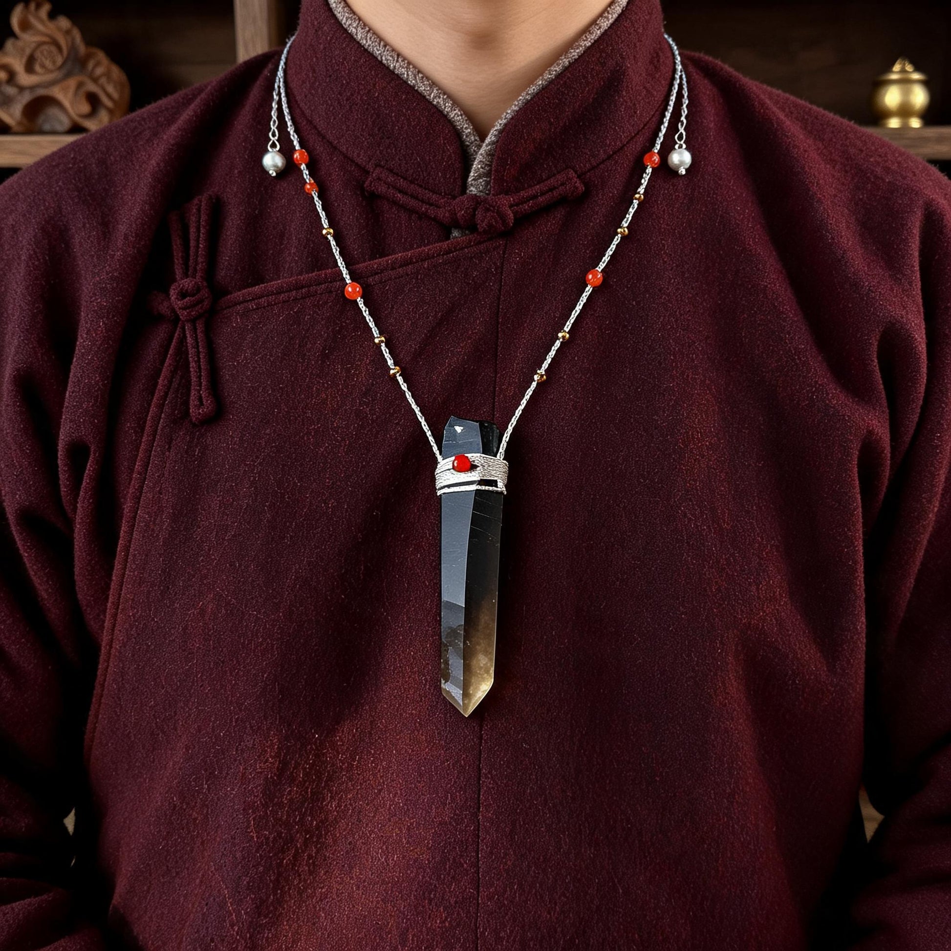 Kailash Black Smoky Quartz Point Necklace proportional wearing view