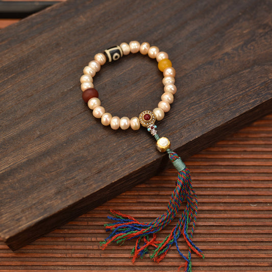 Handcrafted Champagne Pearl Bracelet with Tassel - front