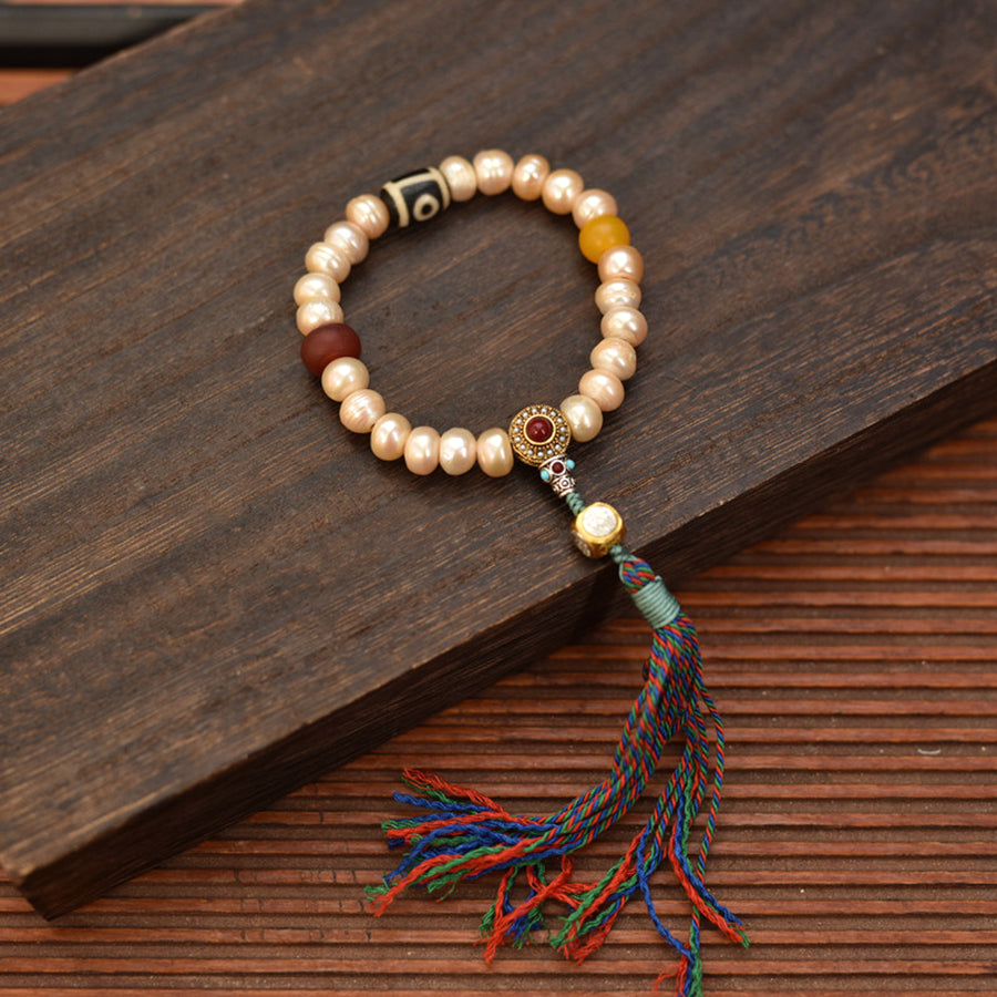 Handcrafted Champagne Pearl Bracelet with Tassel - front