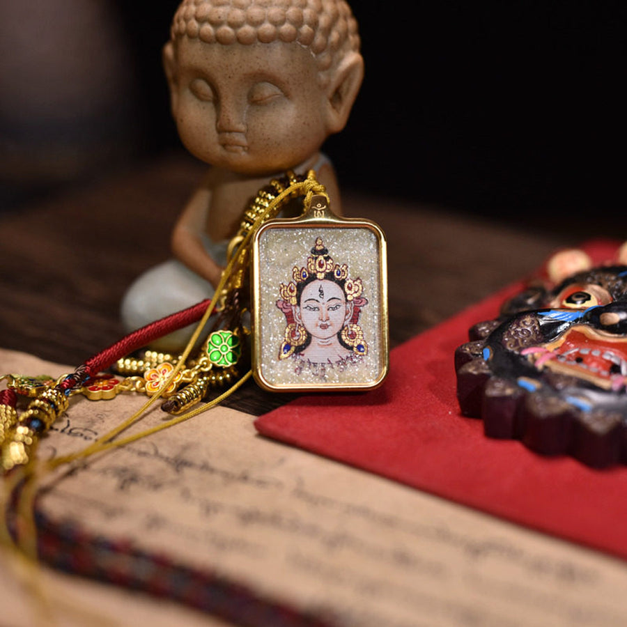 Hand-Painted White Tara Thangka Necklace with Red Cord - front