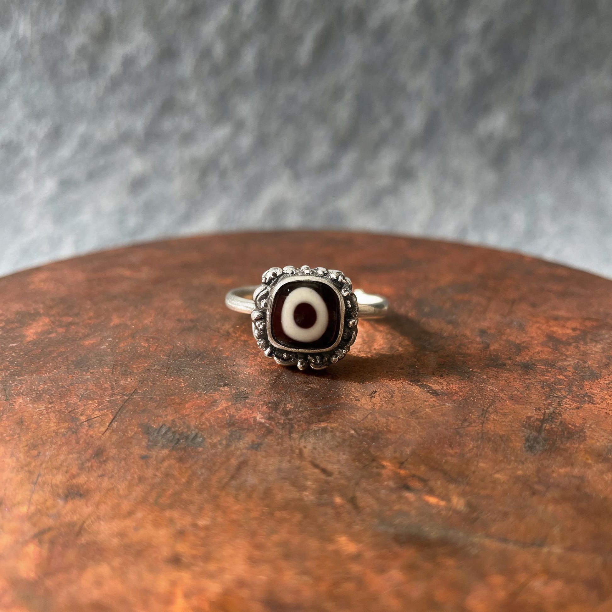 Handcrafted one-eyed Dzi S925 adjustable ring style 2 front view