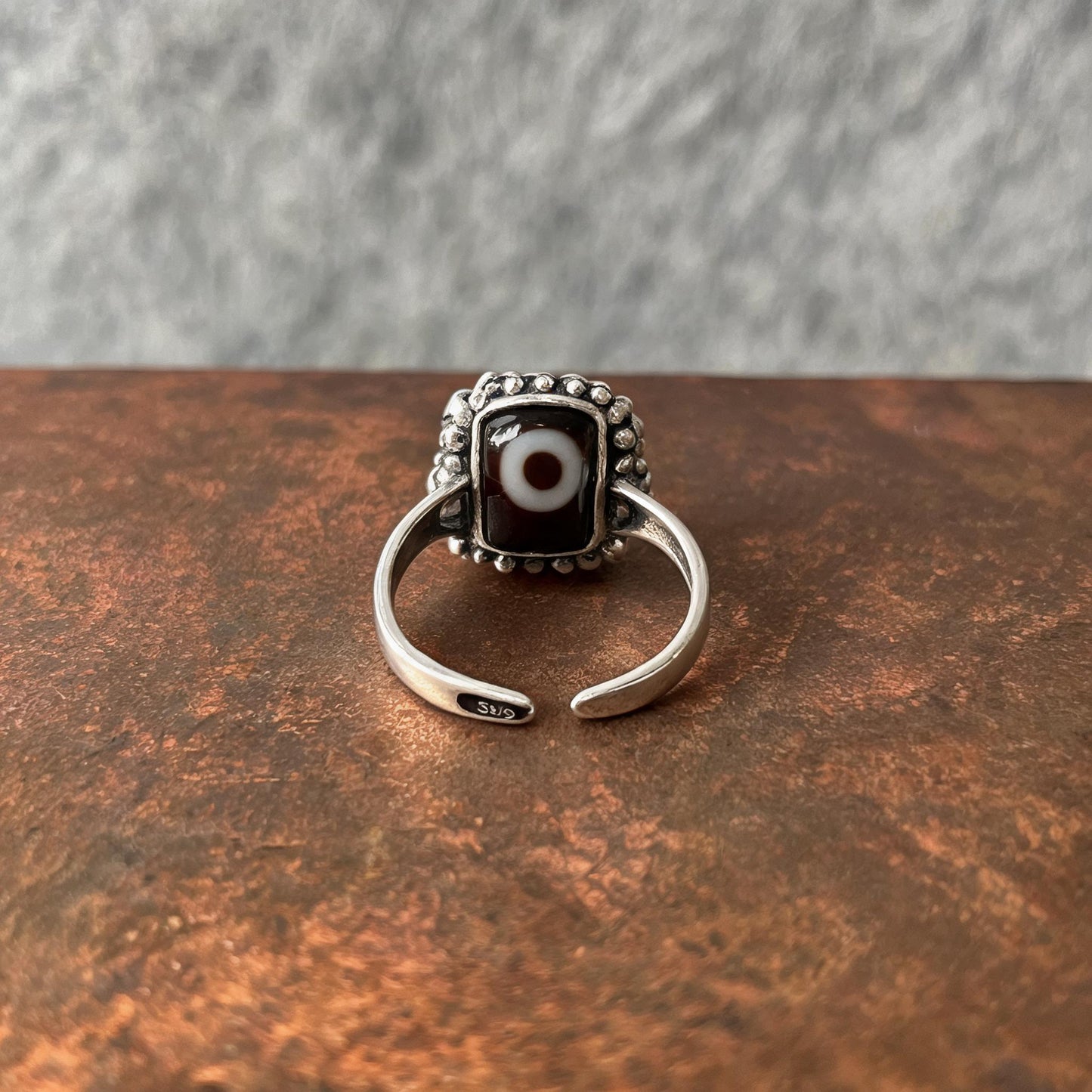 Handcrafted one-eyed Dzi S925 adjustable ring style 2 adjustable band view