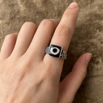 Handcrafted one-eyed Dzi S925 adjustable ring style 4 wearing scale view