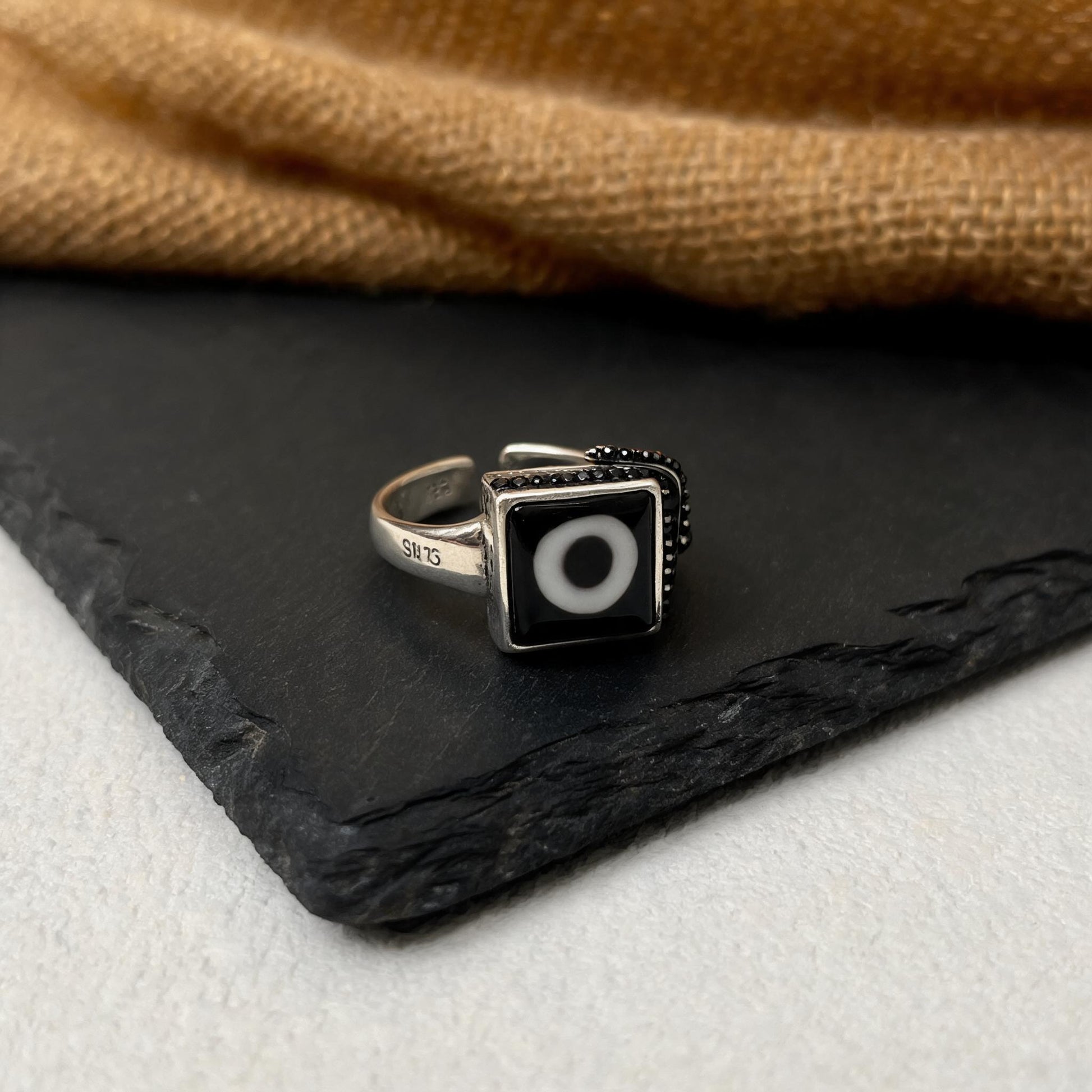 Handcrafted one-eyed Dzi S925 adjustable ring style 5 front view