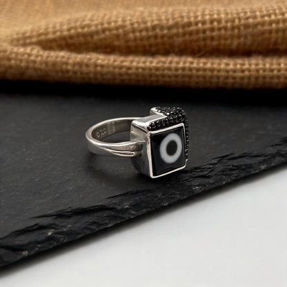 Handcrafted one-eyed Dzi S925 adjustable ring style 5 silver setting side view