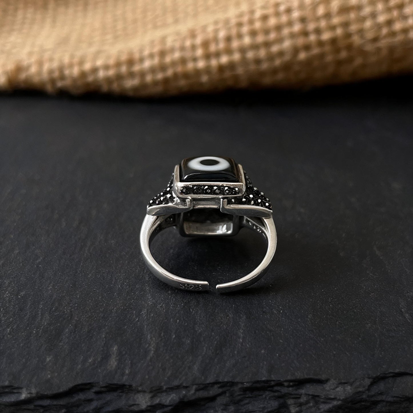 Handcrafted one-eyed Dzi S925 adjustable ring style 5 adjustable band view
