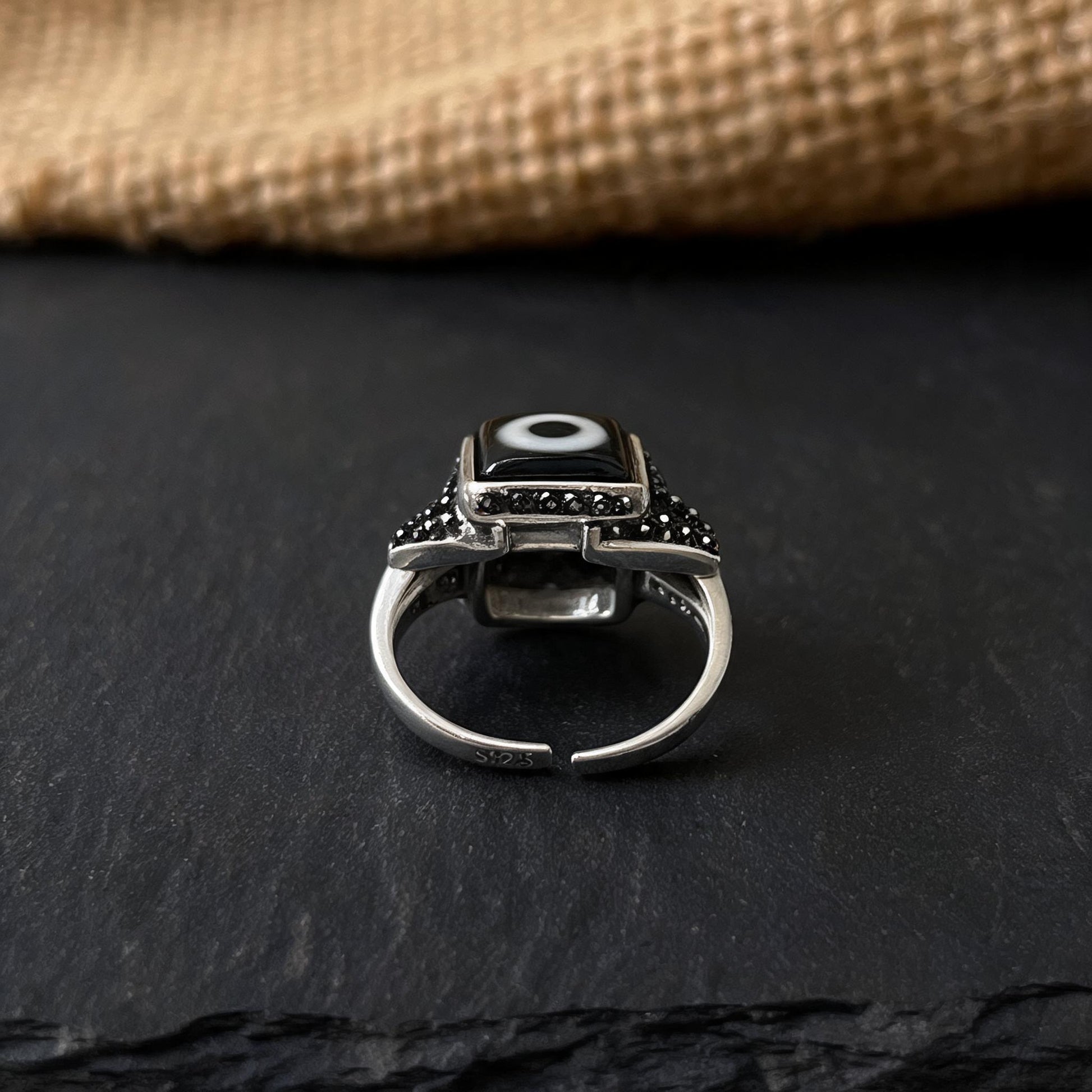 Handcrafted one-eyed Dzi S925 adjustable ring style 5 adjustable band view